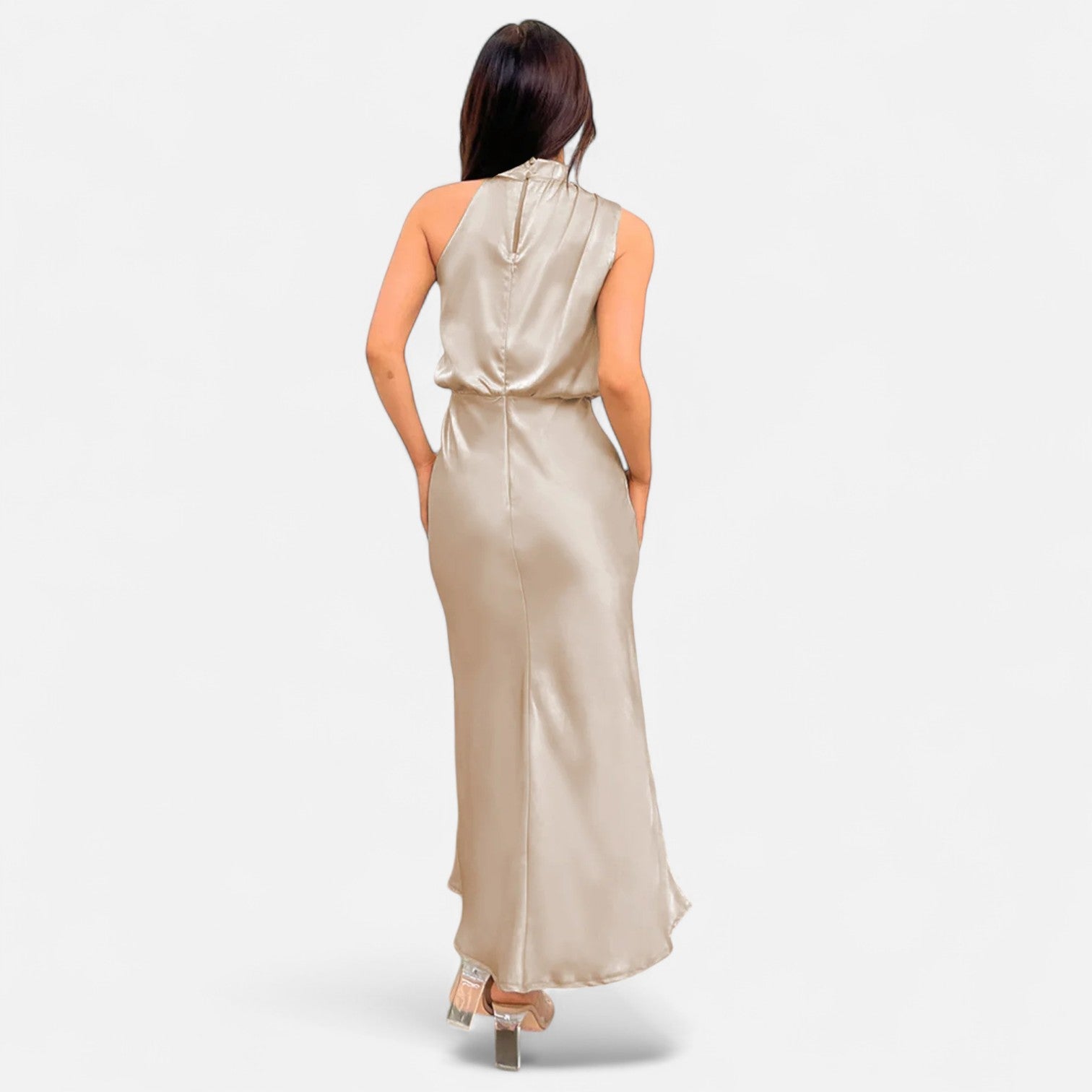 Vestido longo de cetim para senhora, corte em A, sem mangas