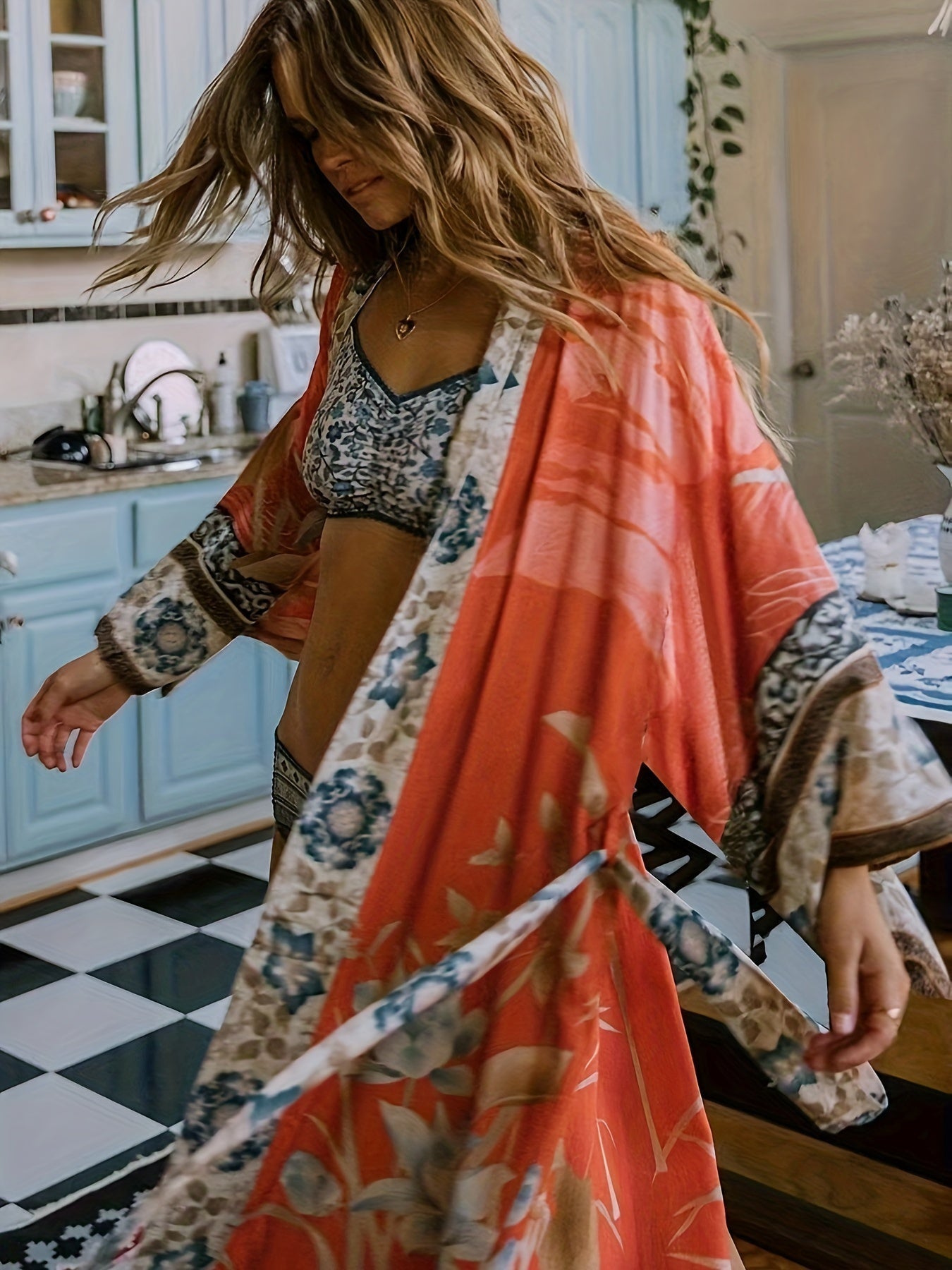 Greta Dames Kimono Jurk met Ceintuur en Bohemian Print – Lange Maxi Jurk