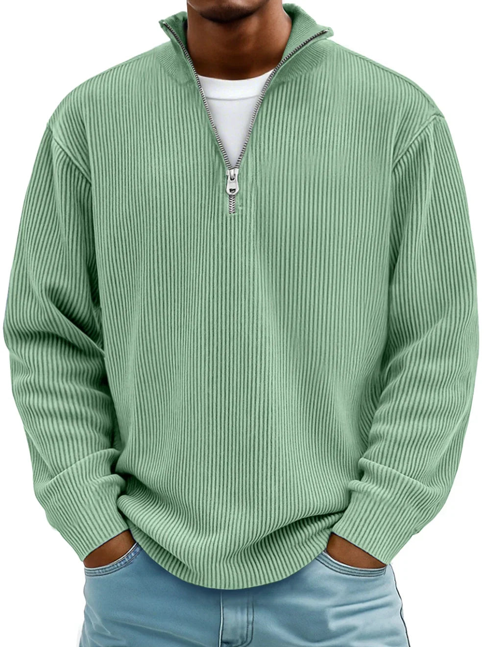 Herre Strikket Sweater med Halv Lynlås i Afslappet Pasform