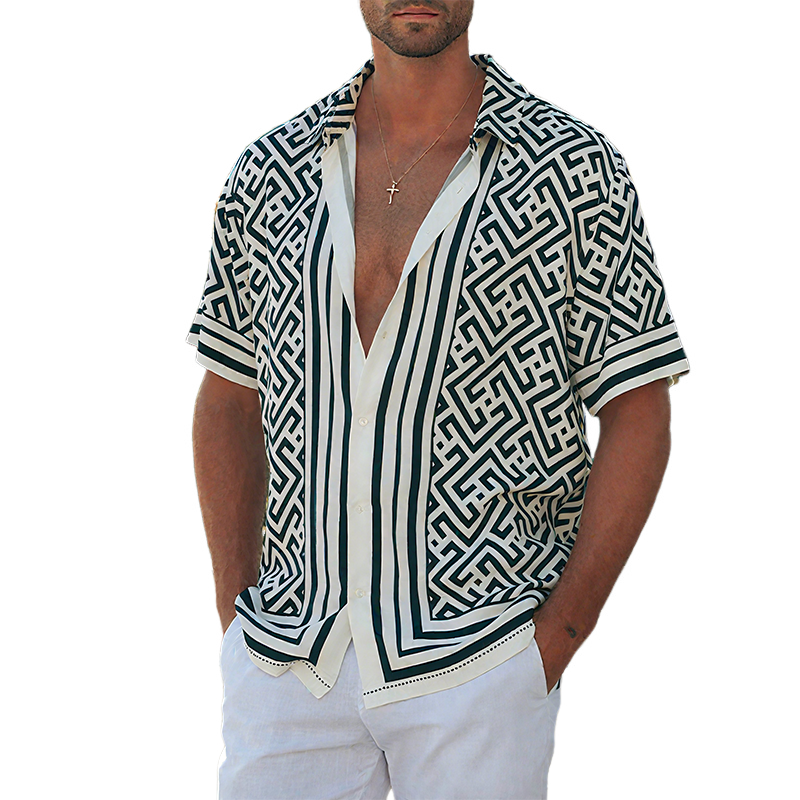Camisa Casual de Verão para Homem em Tencel e Algodão com Estampa, Gola de Bico e Manga Curta