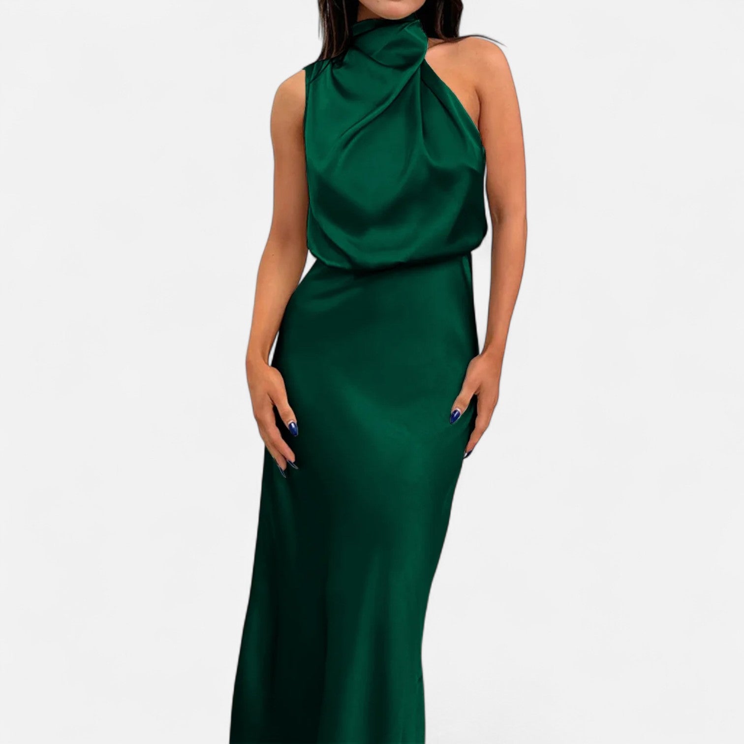 Vestido longo de cetim para senhora, corte em A, sem mangas