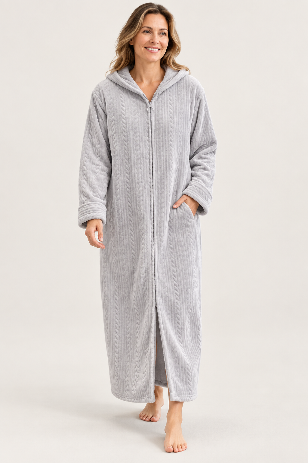 Lang Fleece Morgenkåbe til Kvinder med Hætte og Lynlås