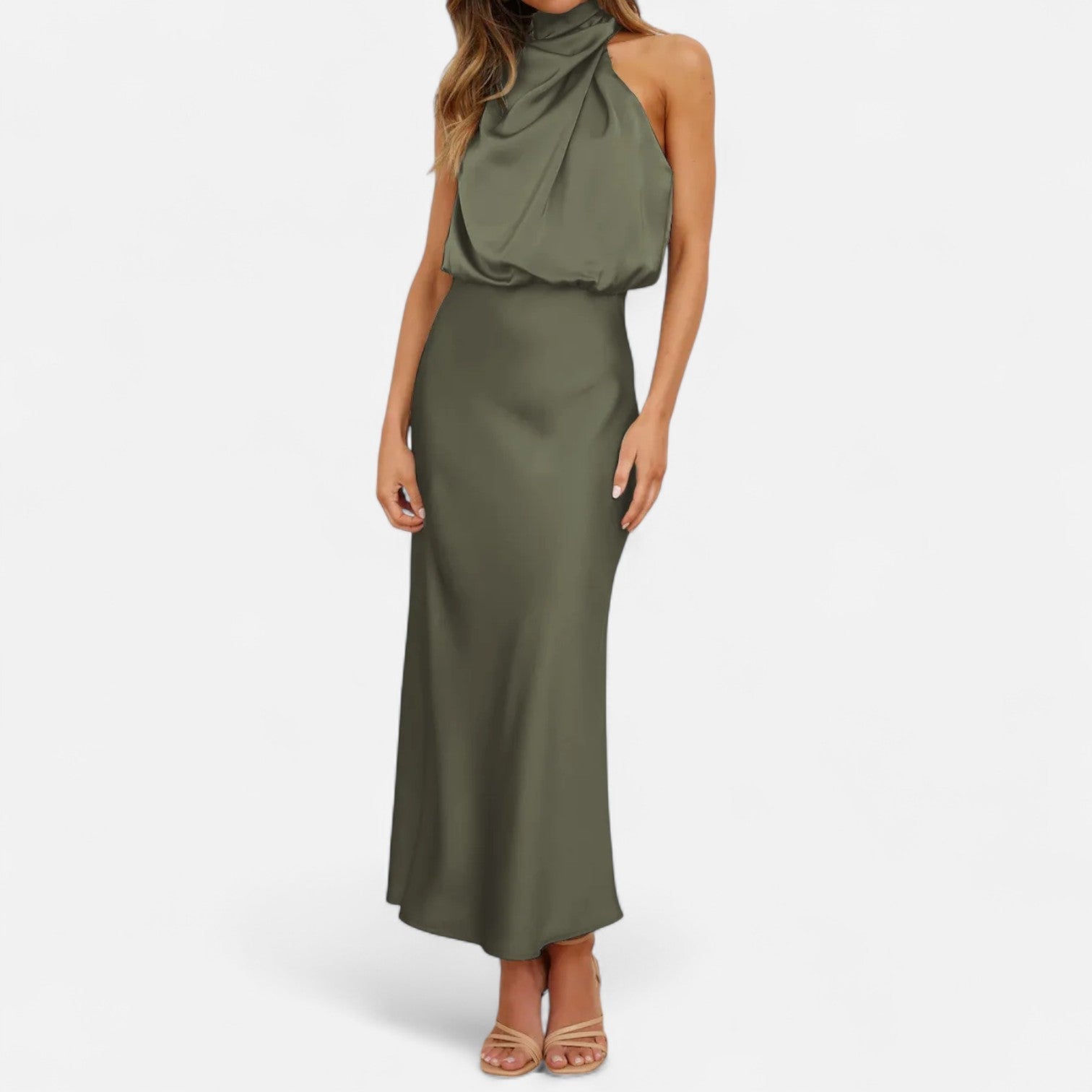 Vestido longo de cetim para senhora, corte em A, sem mangas
