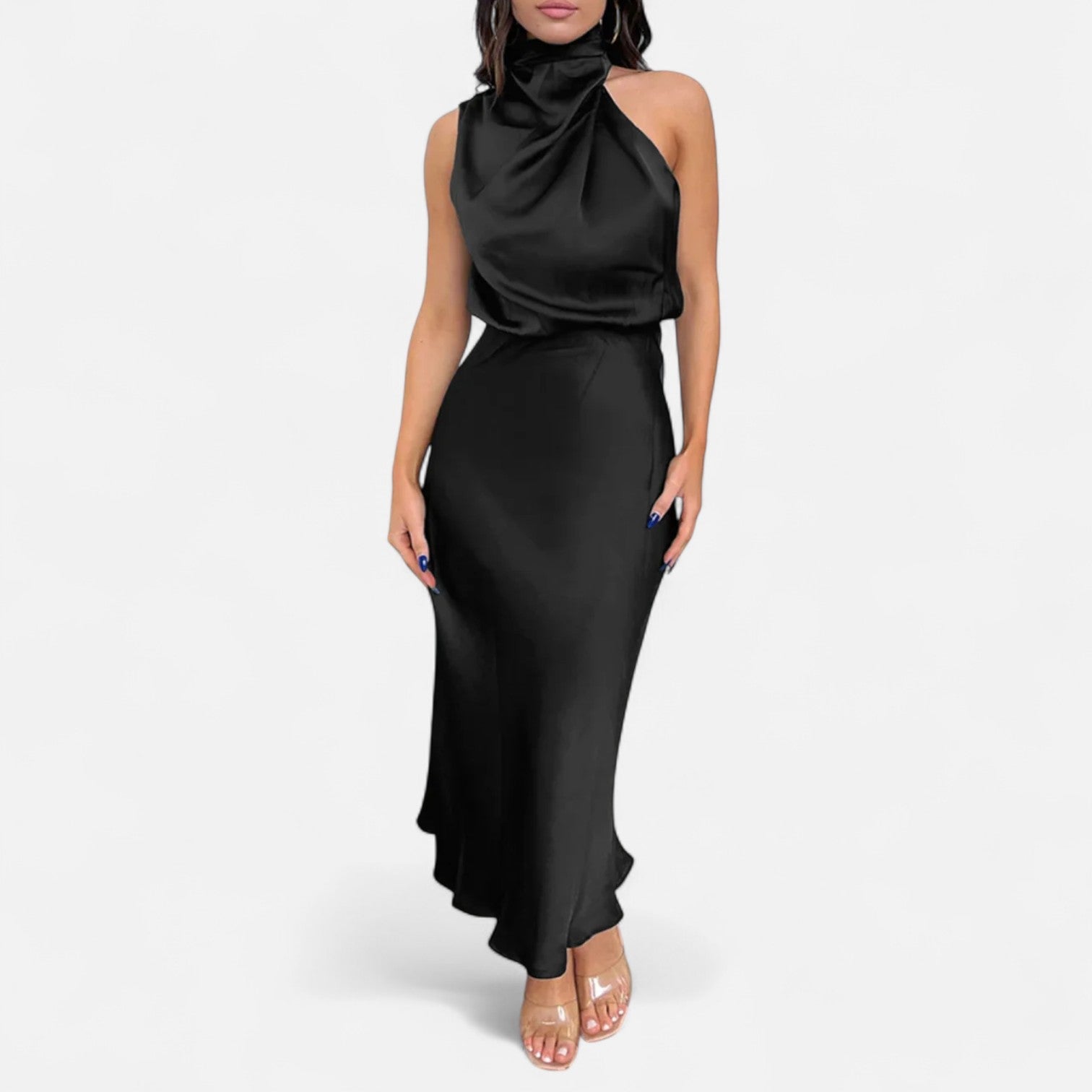 Vestido longo de cetim para senhora, corte em A, sem mangas