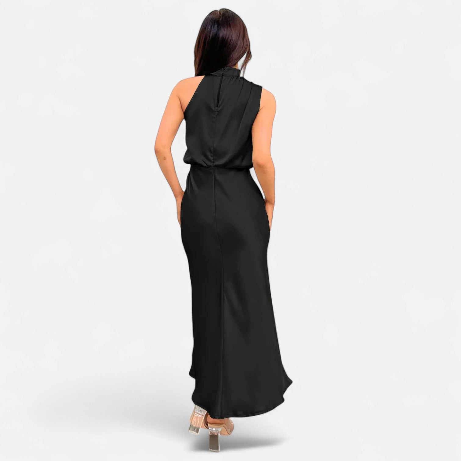 Vestido longo de cetim para senhora, corte em A, sem mangas