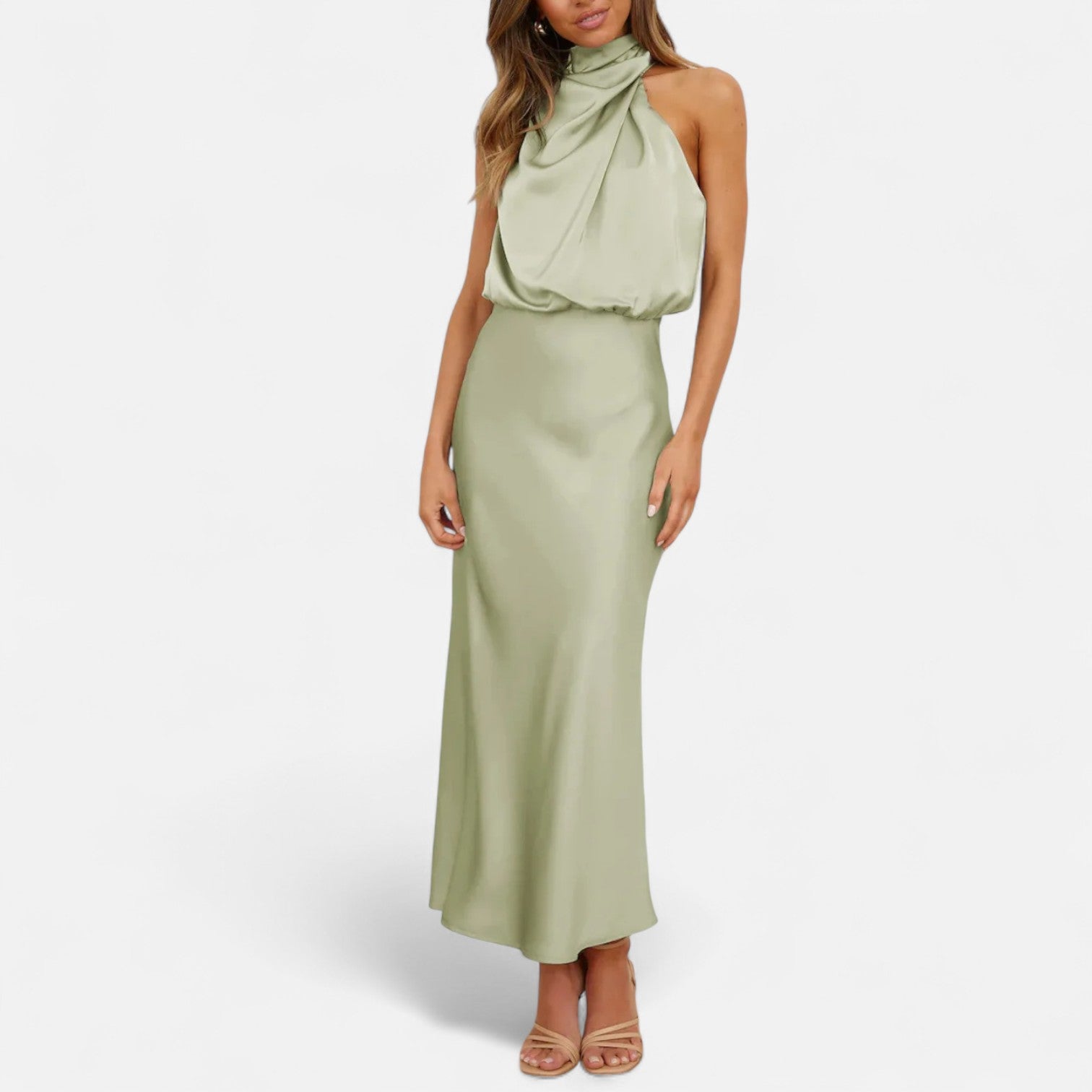 Vestido longo de cetim para senhora, corte em A, sem mangas