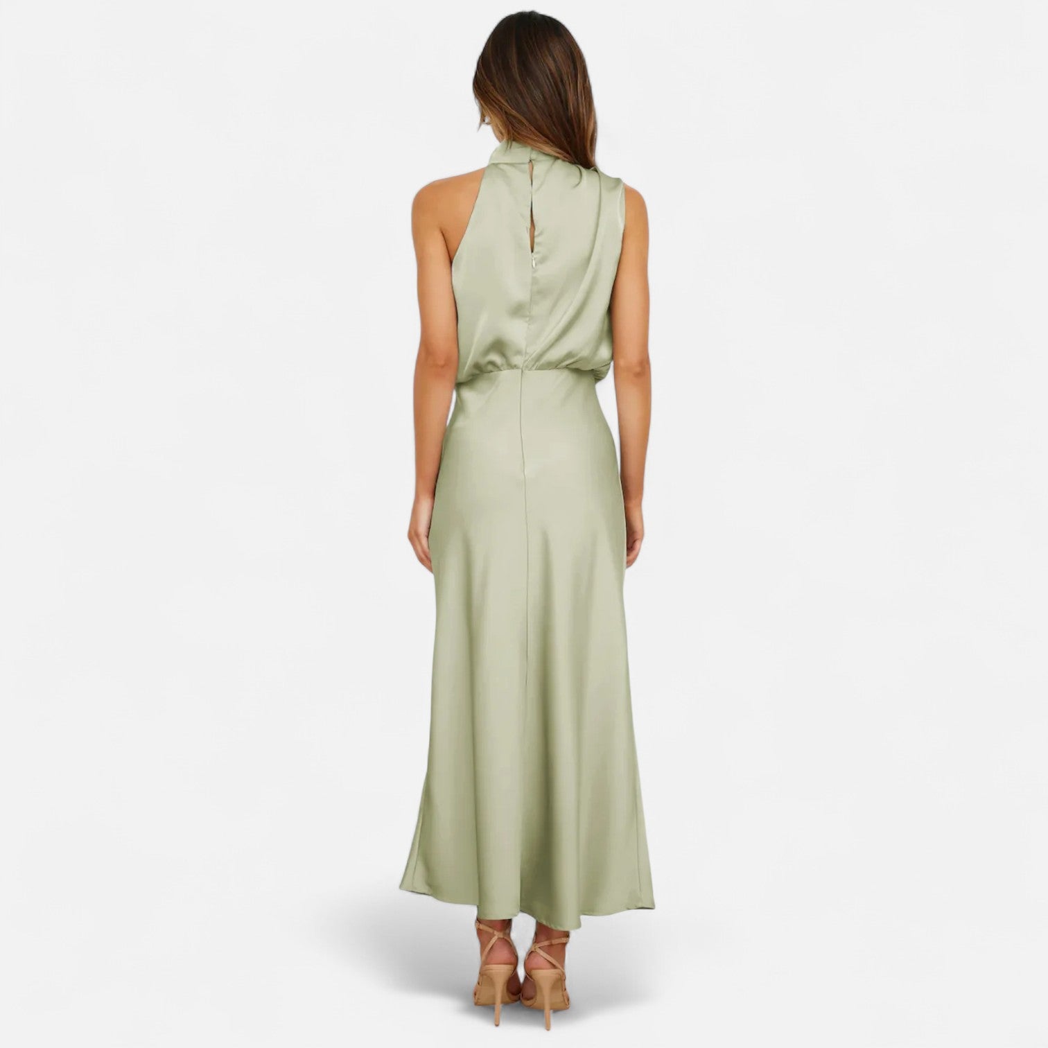 Vestido longo de cetim para senhora, corte em A, sem mangas