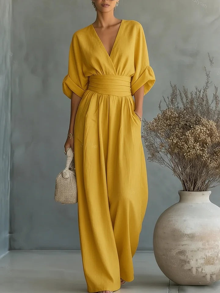 Elegantní overal pro ženy s výstřihem do V a širokými nohavicemi | Stylový overal s vysokým pasem na párty i do běžného dne