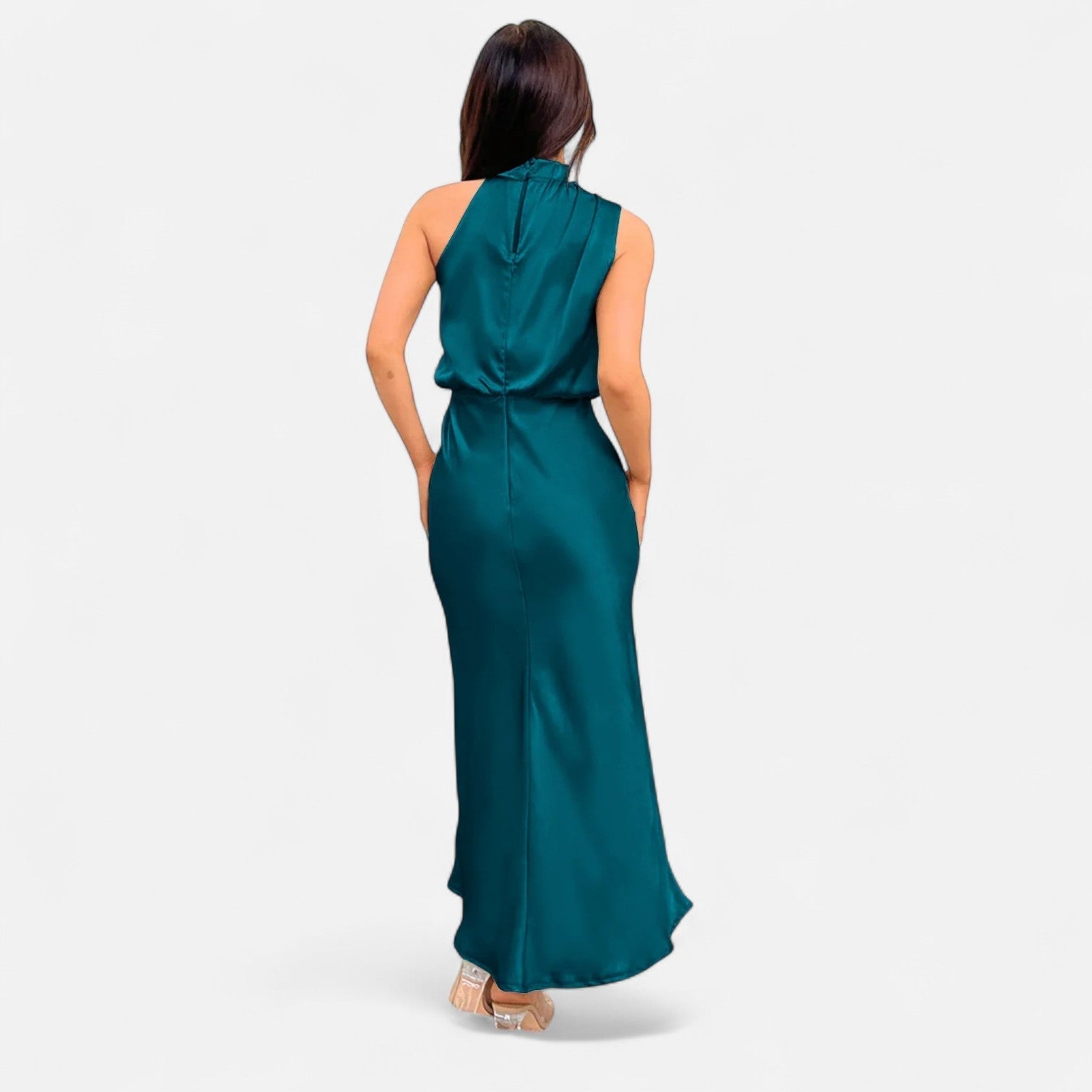 Vestido longo de cetim para senhora, corte em A, sem mangas