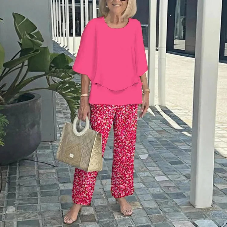 Printet 2-Delt Sæt med Løs Bluse og Bukser