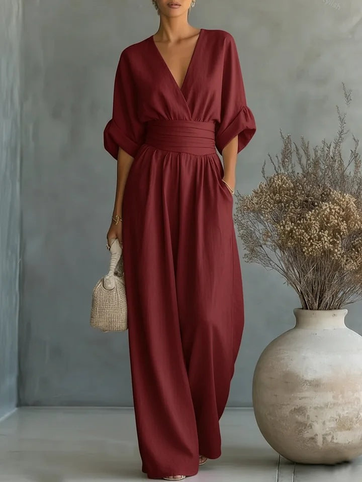 Elegantní overal pro ženy s výstřihem do V a širokými nohavicemi | Stylový overal s vysokým pasem na párty i do běžného dne