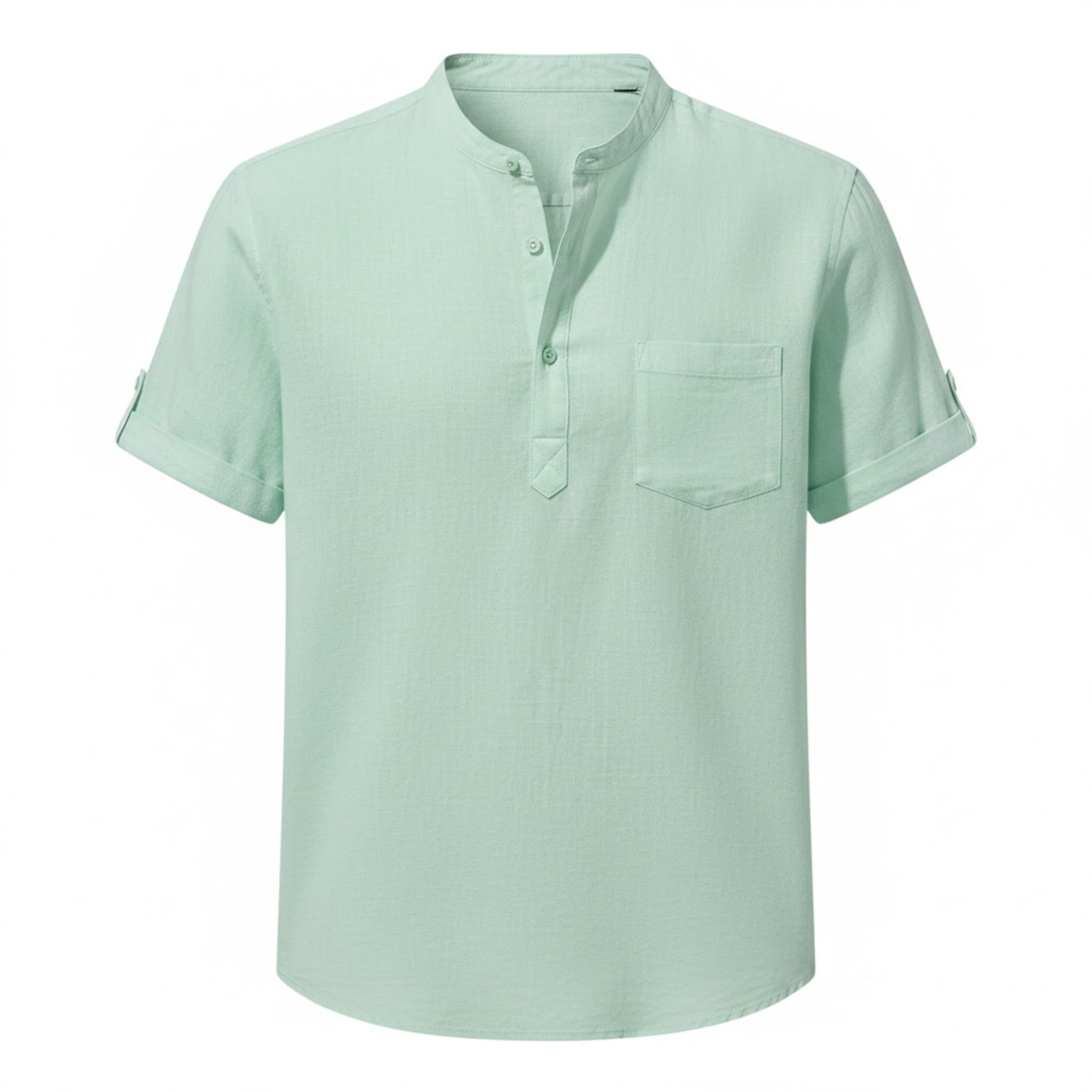 Camisa Henley de Algodão e Linho para Homem, Manga Curta, Respirável, Casual, com Bolso, Top de Praia