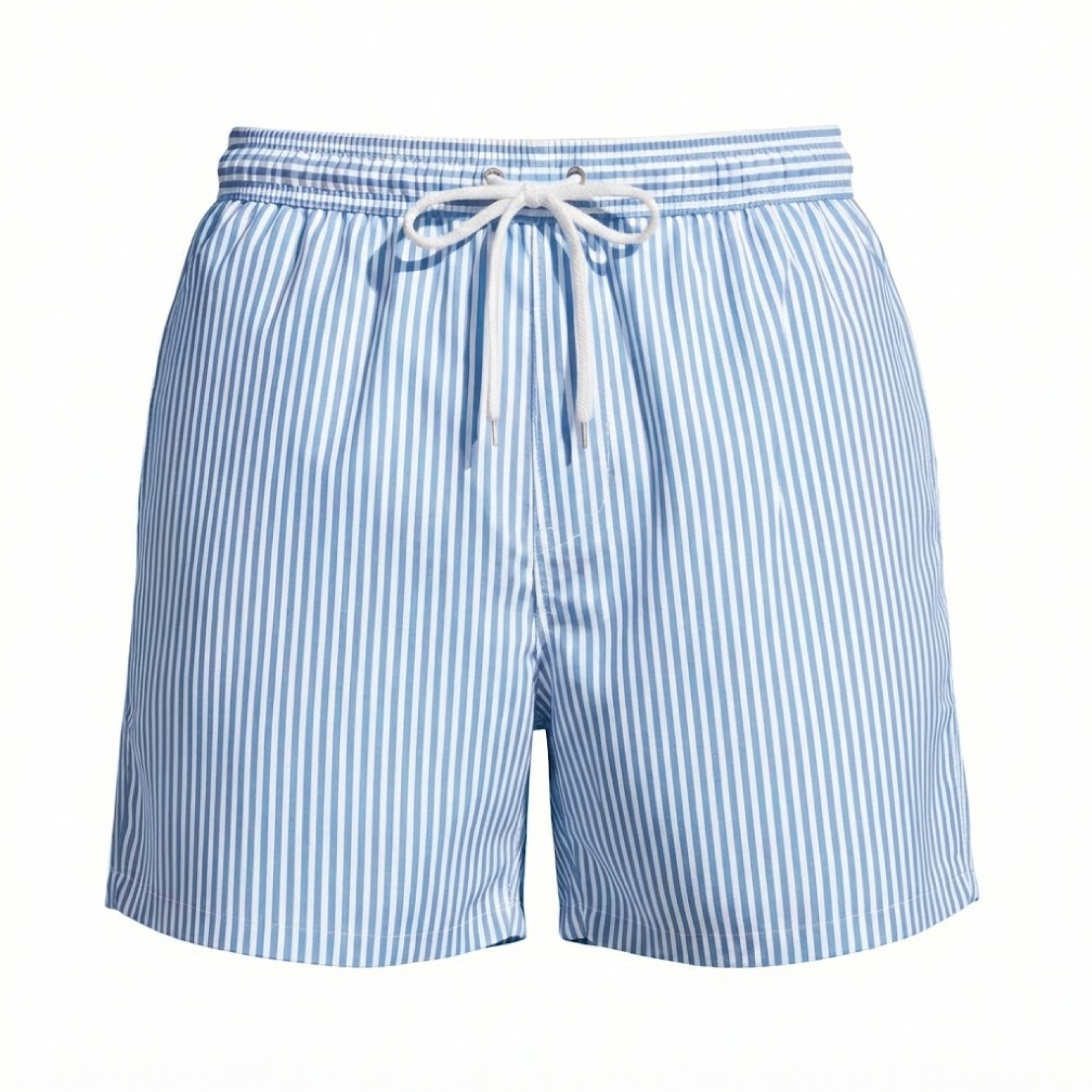 Calções de Banho Masculinos com Risca Vertical, Cintura Elástica com Cordão e Corte Solto