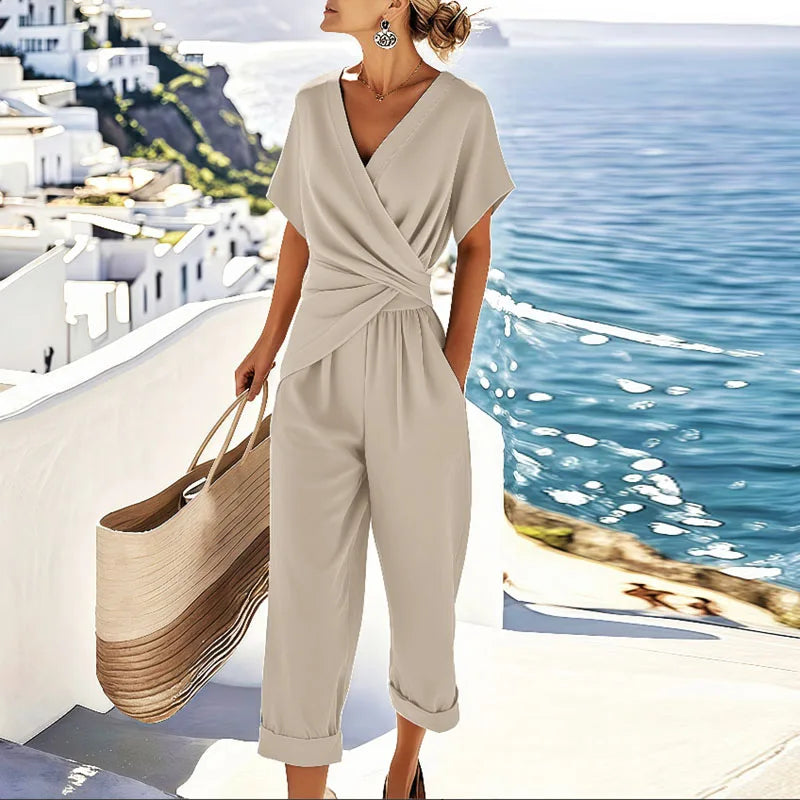 Jumpsuit til damer med V-udskæring og korte ærmer - Regular Fit