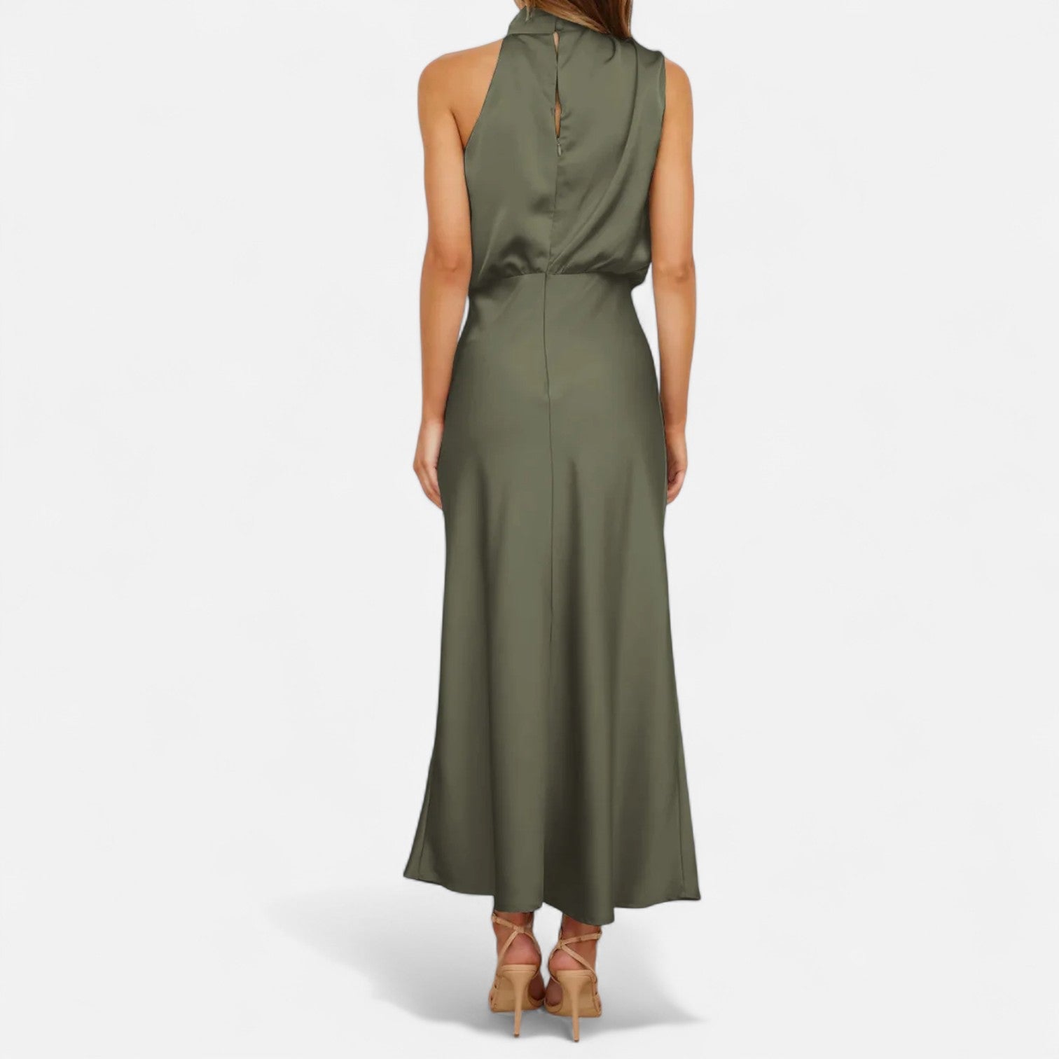 Vestido longo de cetim para senhora, corte em A, sem mangas