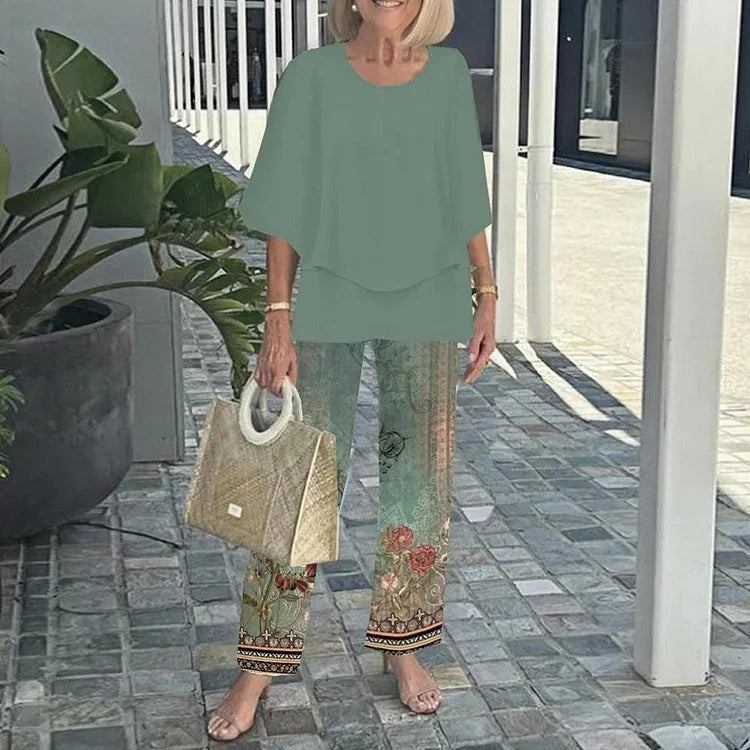 Printet 2-Delt Sæt med Løs Bluse og Bukser