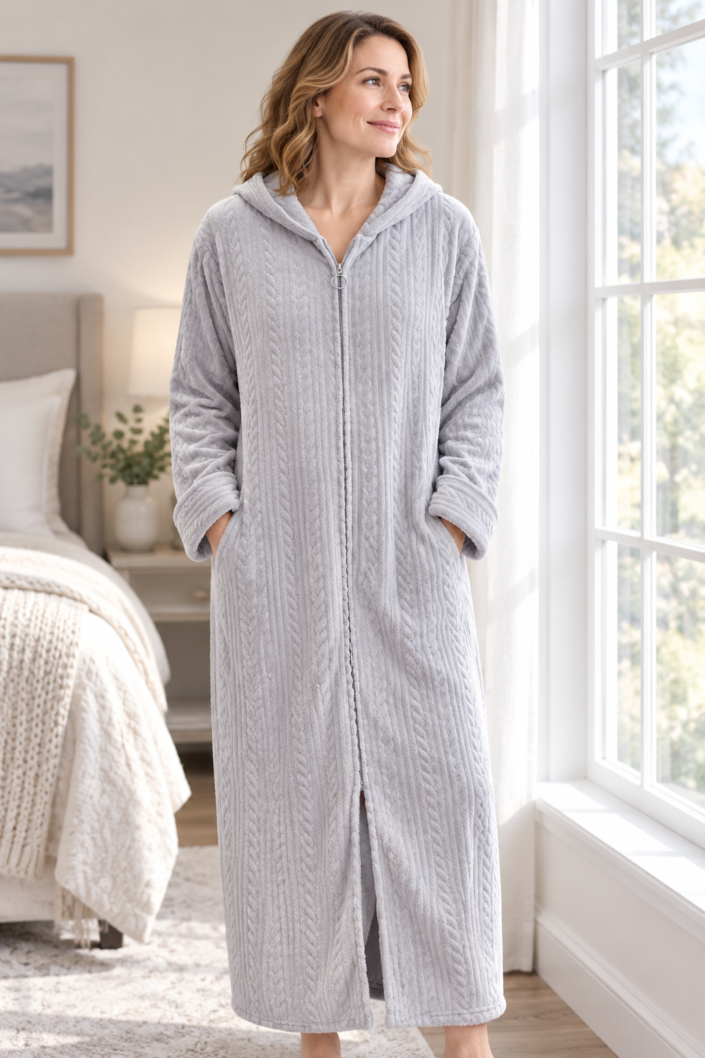 Lang Fleece Morgenkåbe til Kvinder med Hætte og Lynlås