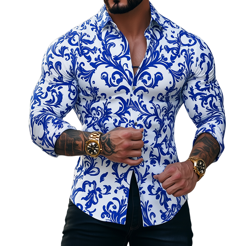 Camisa Casual Retro Masculina Azul e Branca em Porcelana com Estampa e Gola Reversível de Manga Comprida