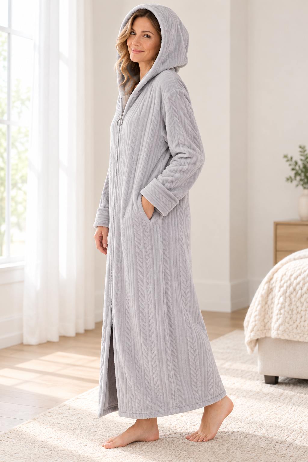 Lang Fleece Morgenkåbe til Kvinder med Hætte og Lynlås