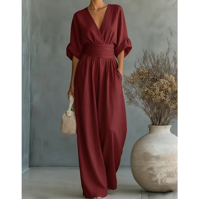 Elegantní overal pro ženy s výstřihem do V a širokými nohavicemi | Stylový overal s vysokým pasem na párty i do běžného dne