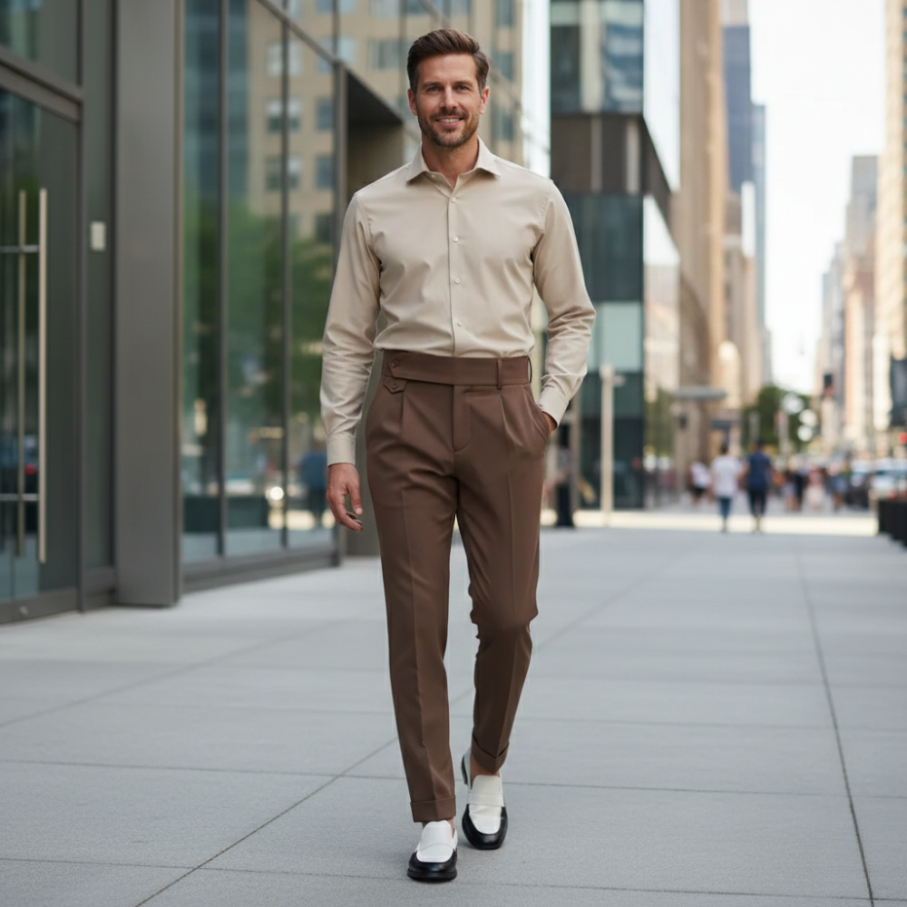 Men's pants with high waist and straight legs