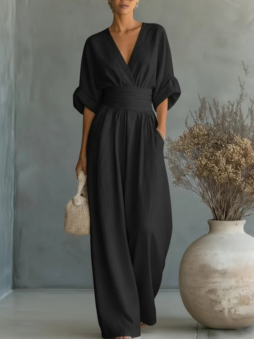 Elegantní overal pro ženy s výstřihem do V a širokými nohavicemi | Stylový overal s vysokým pasem na párty i do běžného dne