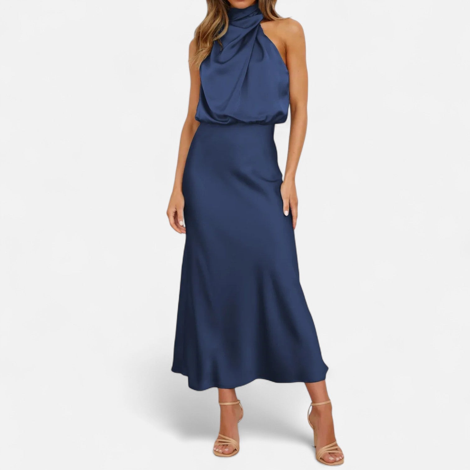 Vestido longo de cetim para senhora, corte em A, sem mangas