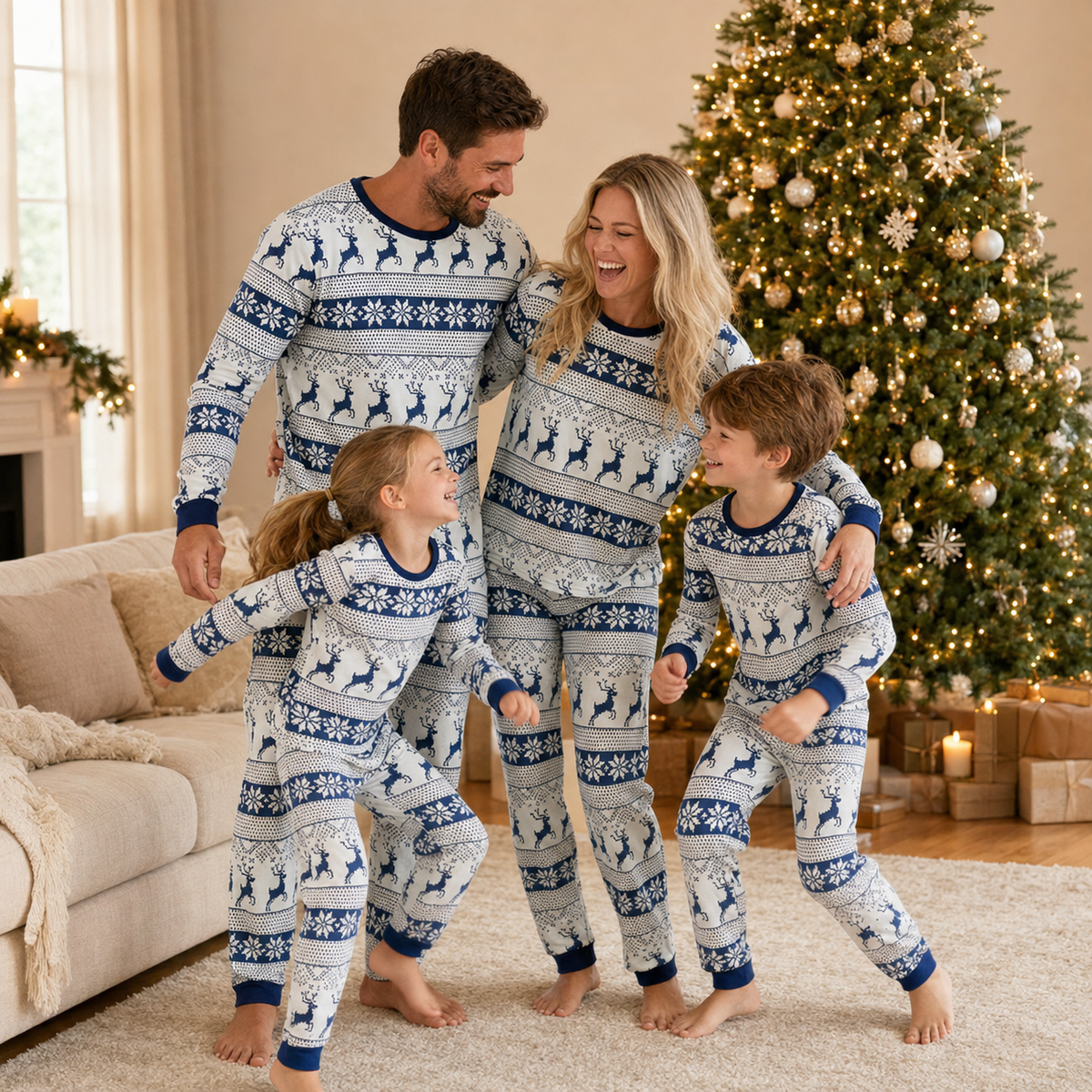 Matchende Julepyjamas til Familien med Nordisk Rensdyrmotiv