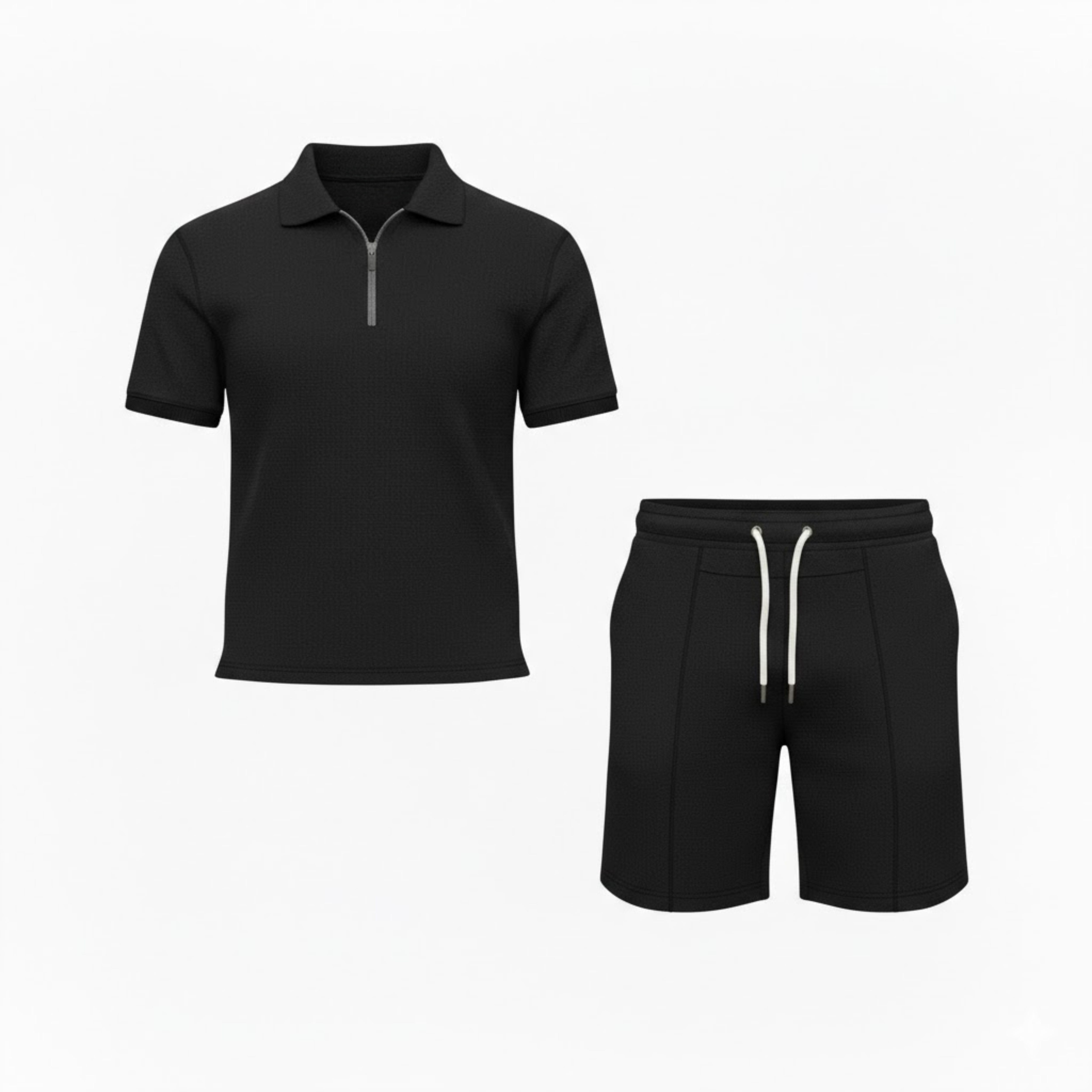 Ανδρικό casual σετ φόρμας δύο τεμαχίων με polo πουκάμισο με φερμουάρ και σορτς με κορδόνι