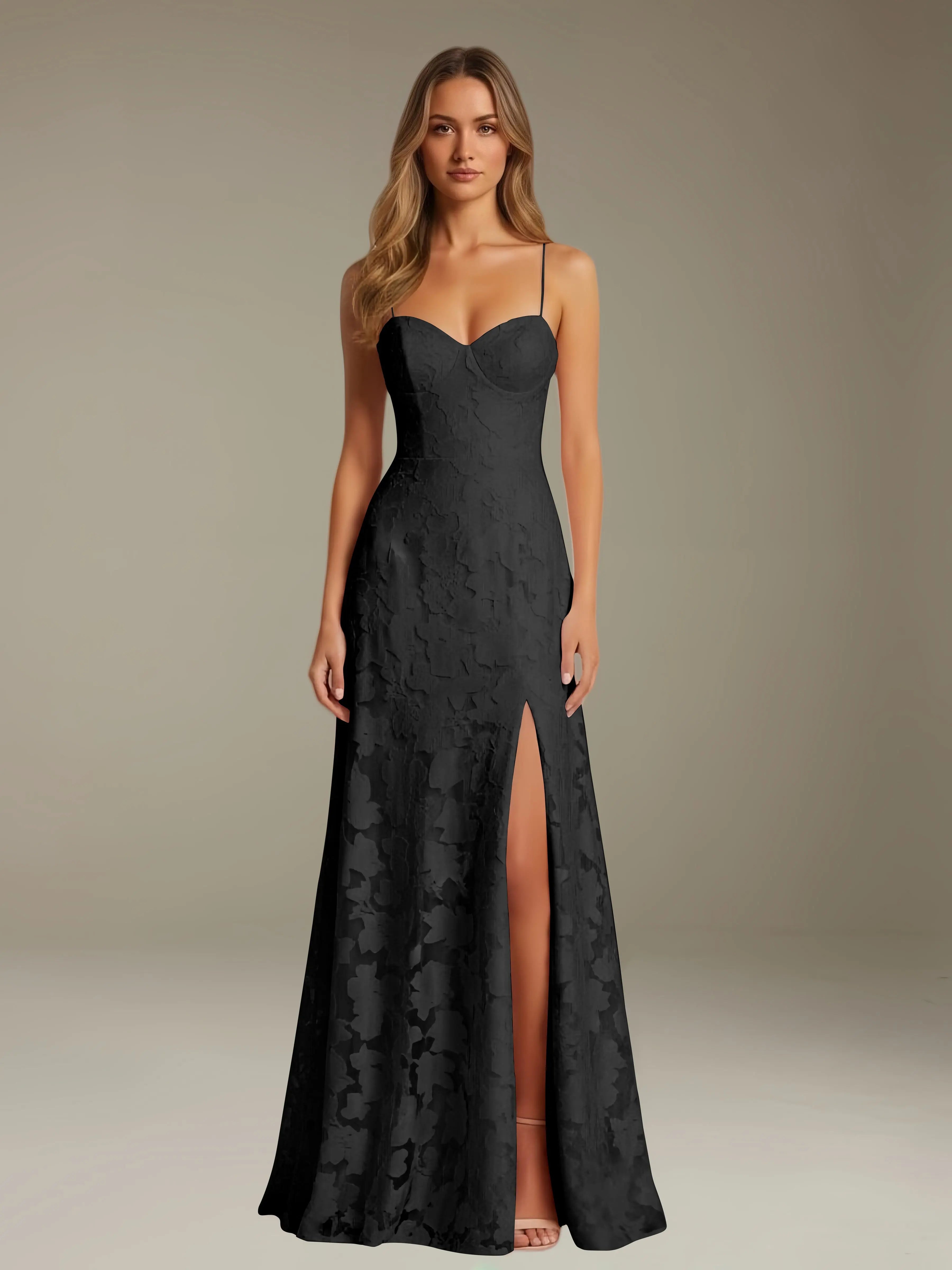 Vestido de encaje floral para ocasiones formales – Vestido de línea A con tirantes de espagueti y escote corazón, largo hasta el suelo, con abertura