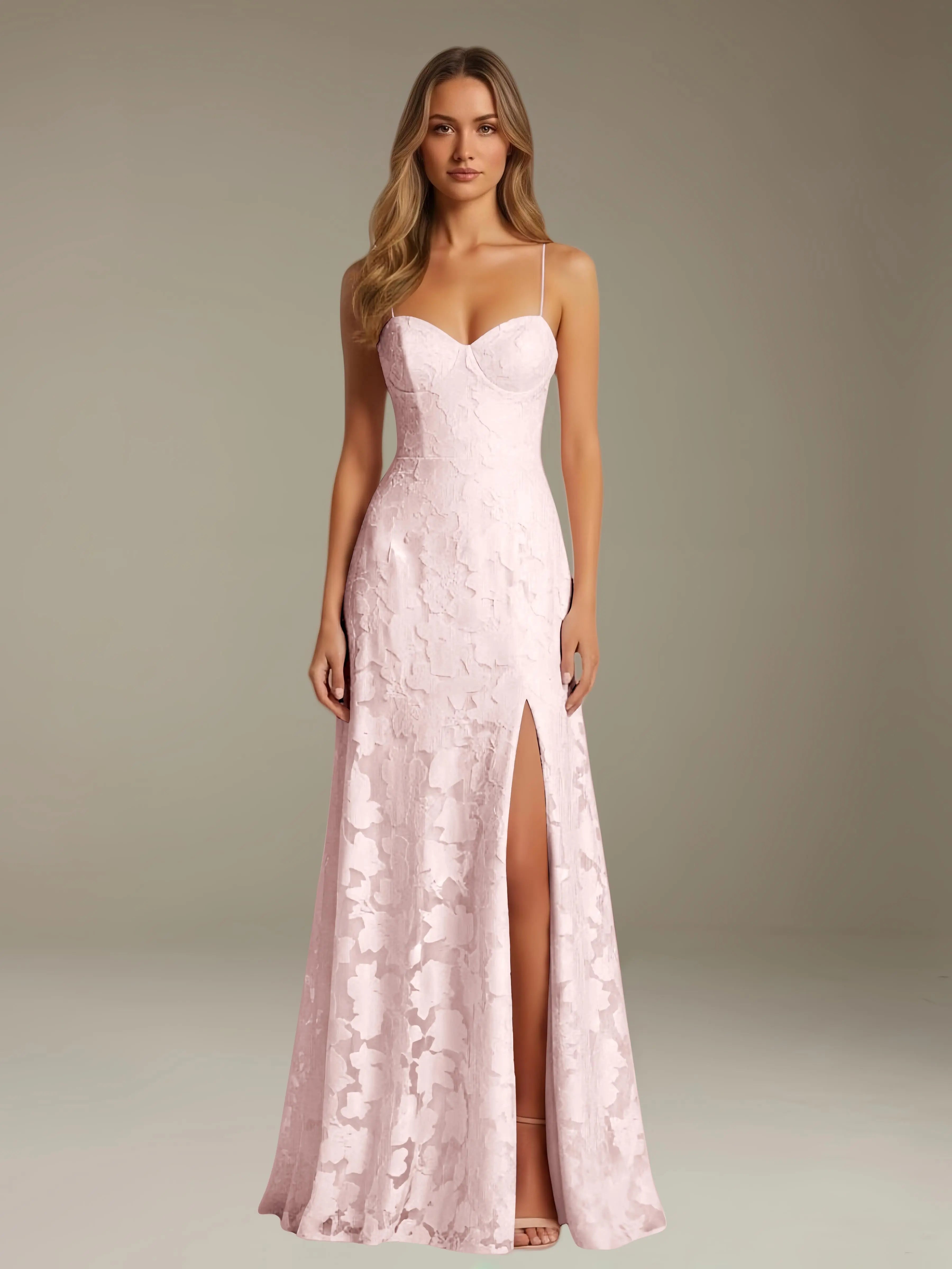 Vestido de encaje floral para ocasiones formales – Vestido de línea A con tirantes de espagueti y escote corazón, largo hasta el suelo, con abertura