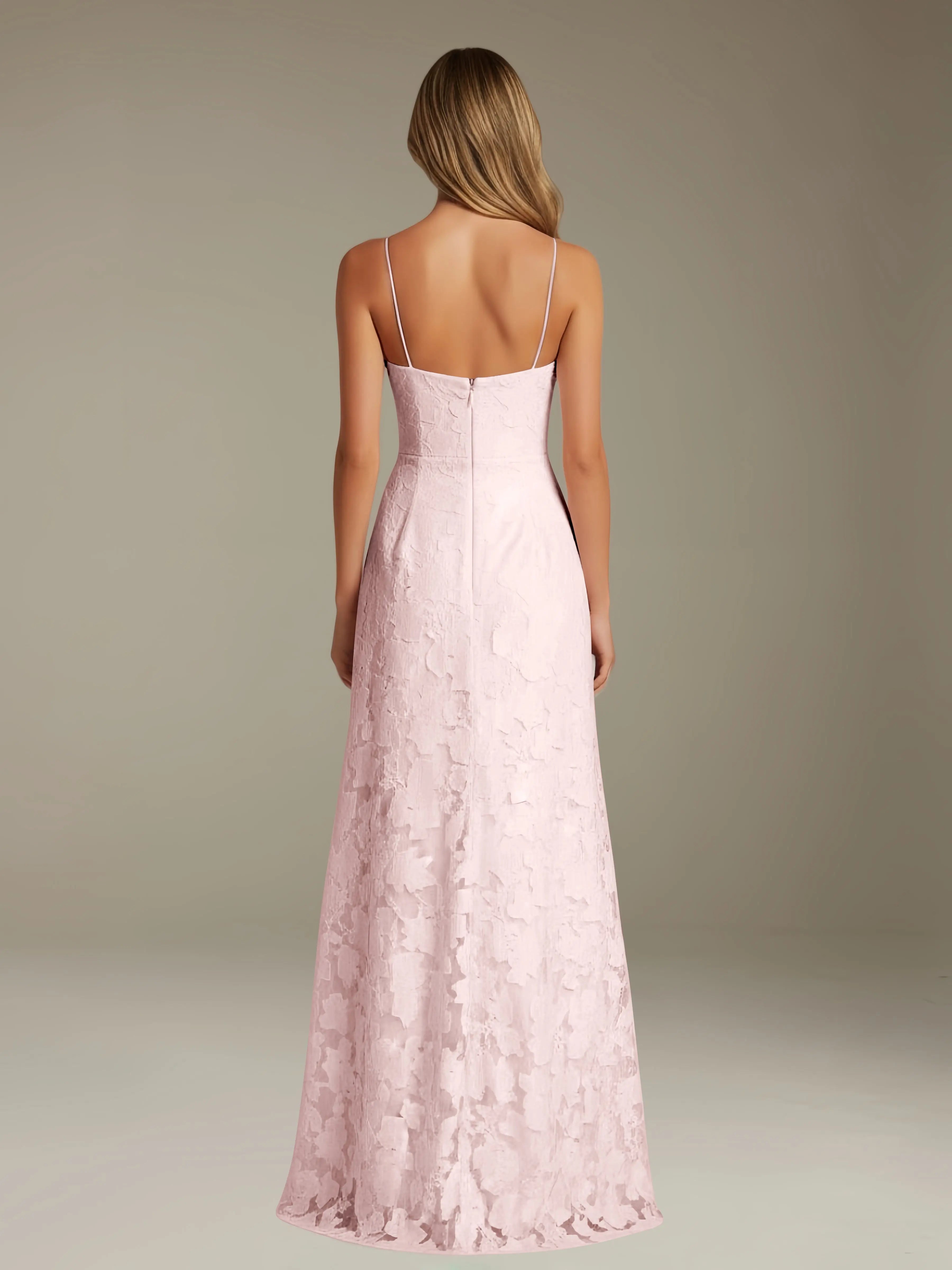 Vestido de encaje floral para ocasiones formales – Vestido de línea A con tirantes de espagueti y escote corazón, largo hasta el suelo, con abertura