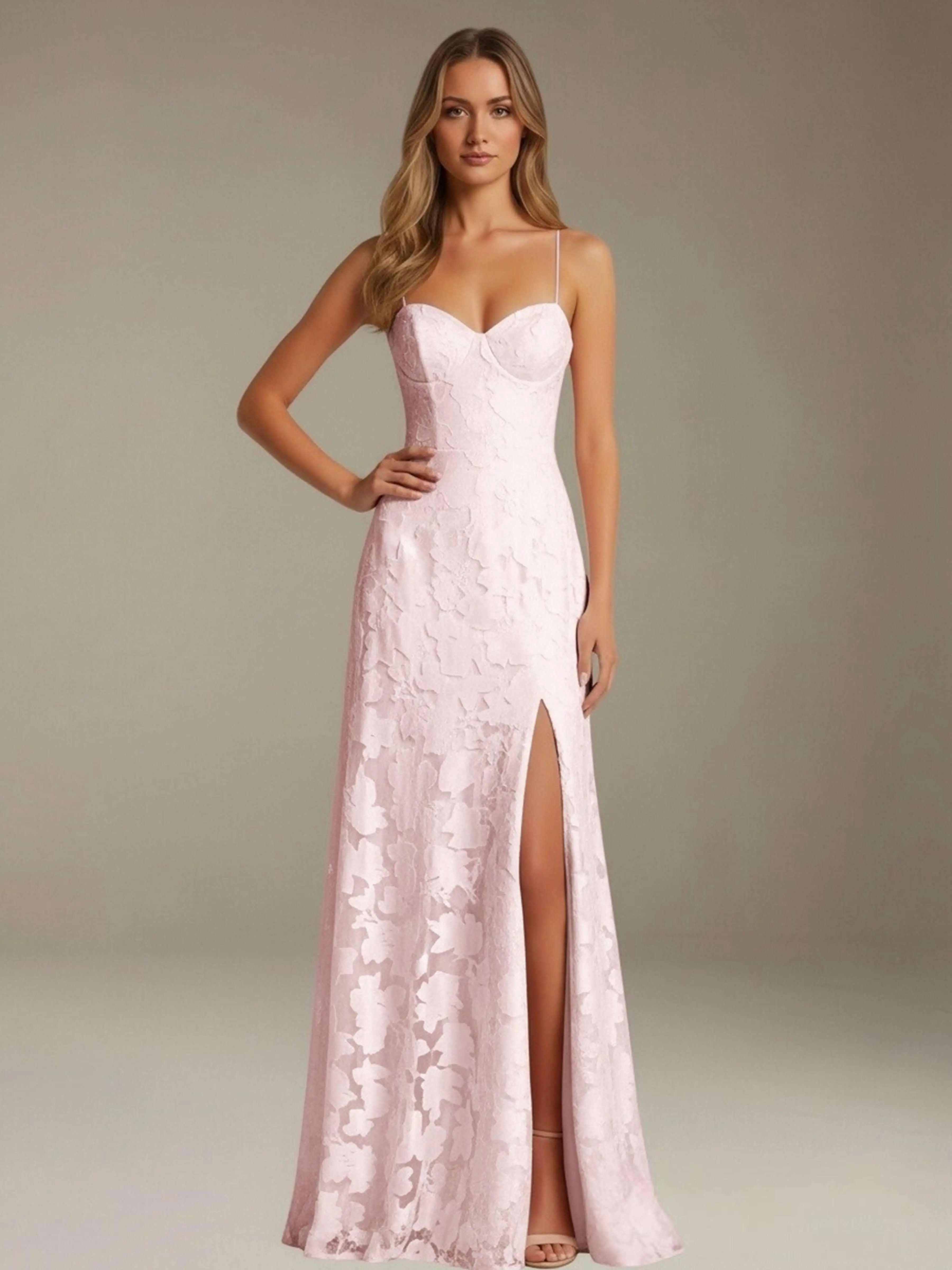 Vestido de encaje floral para ocasiones formales – Vestido de línea A con tirantes de espagueti y escote corazón, largo hasta el suelo, con abertura