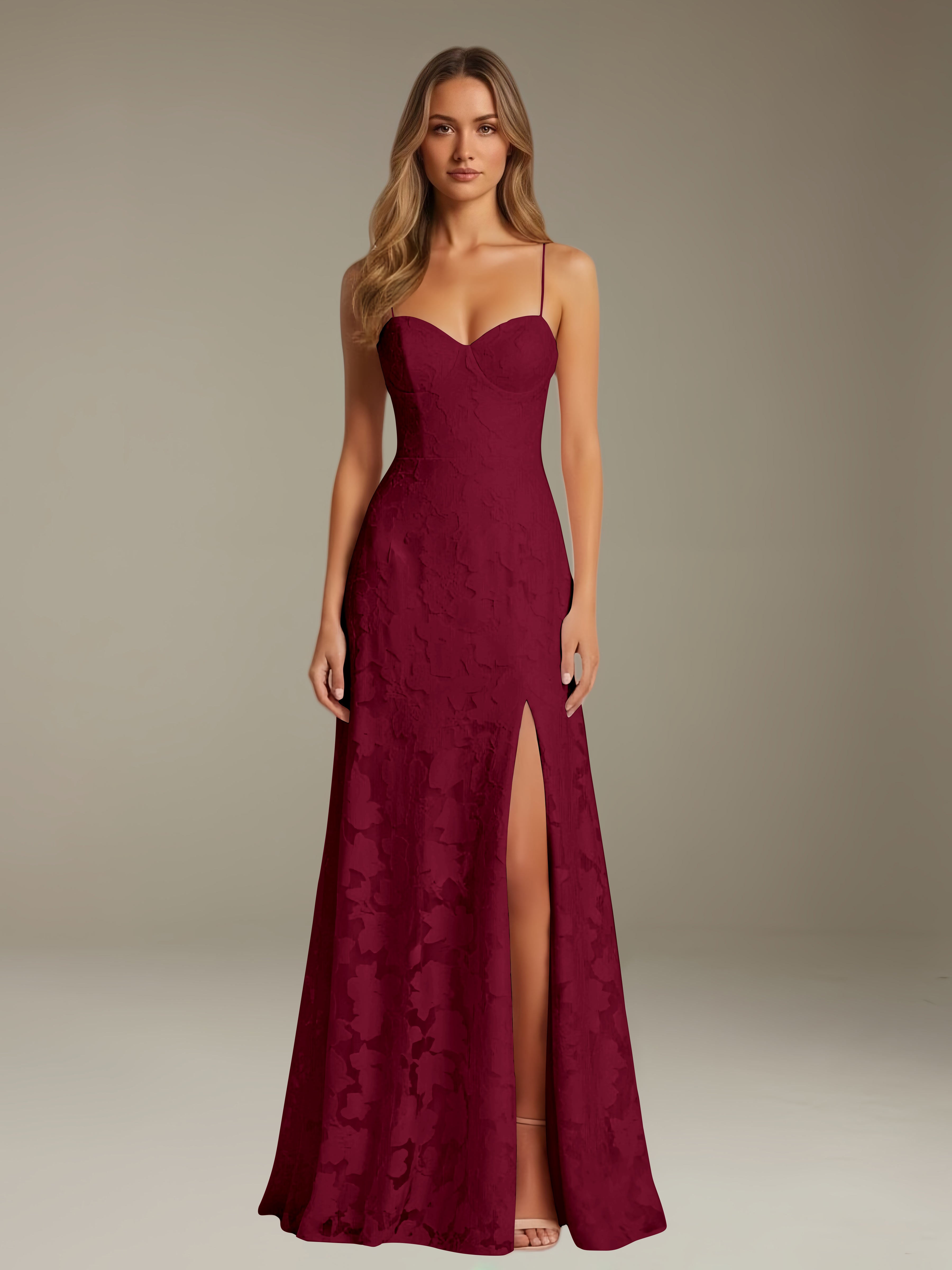 Abito formale in pizzo floreale – Scollo a cuore, spalline sottili, linea A, lunghezza al pavimento con spacco