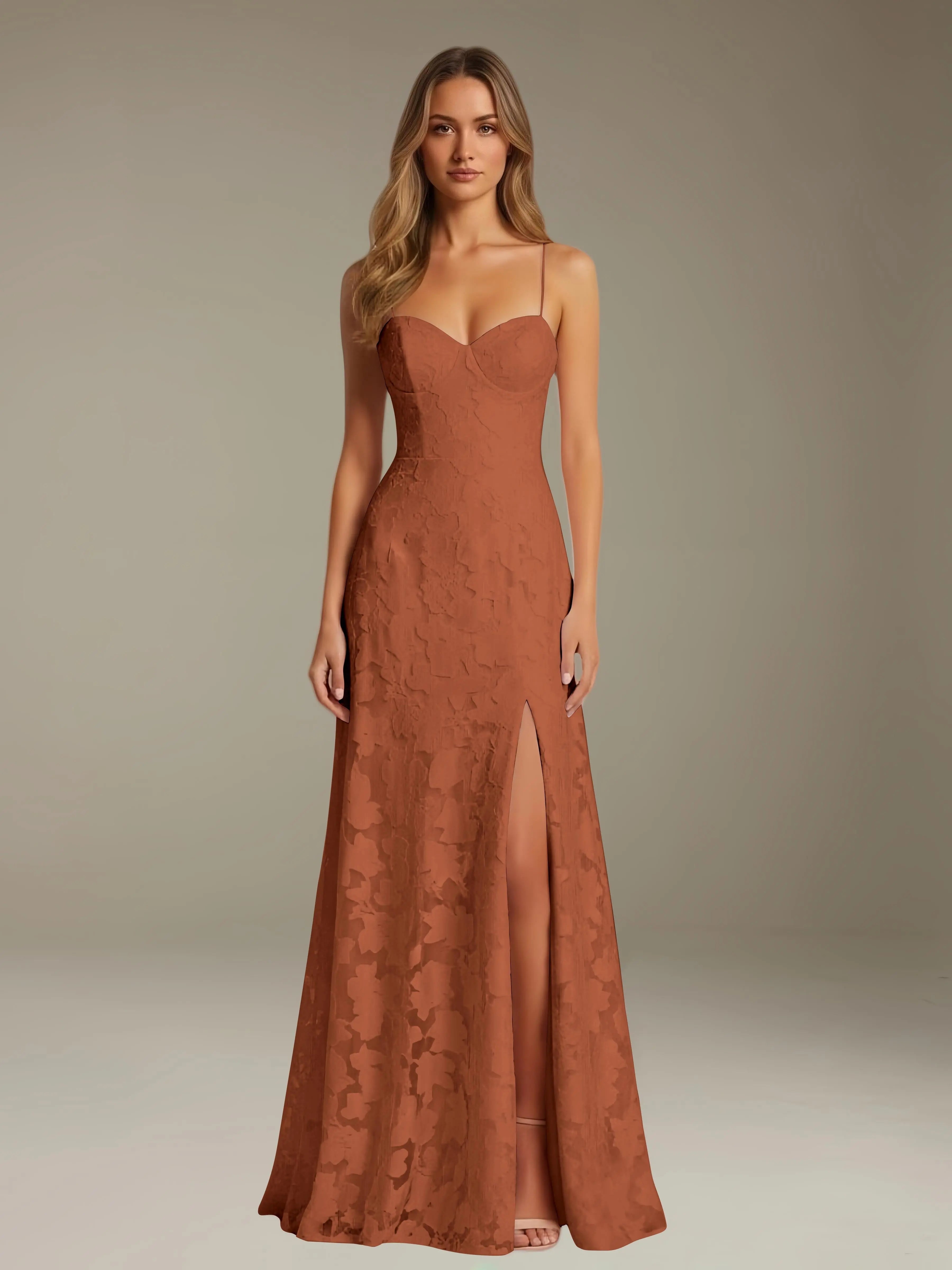 Vestido de encaje floral para ocasiones formales – Vestido de línea A con tirantes de espagueti y escote corazón, largo hasta el suelo, con abertura