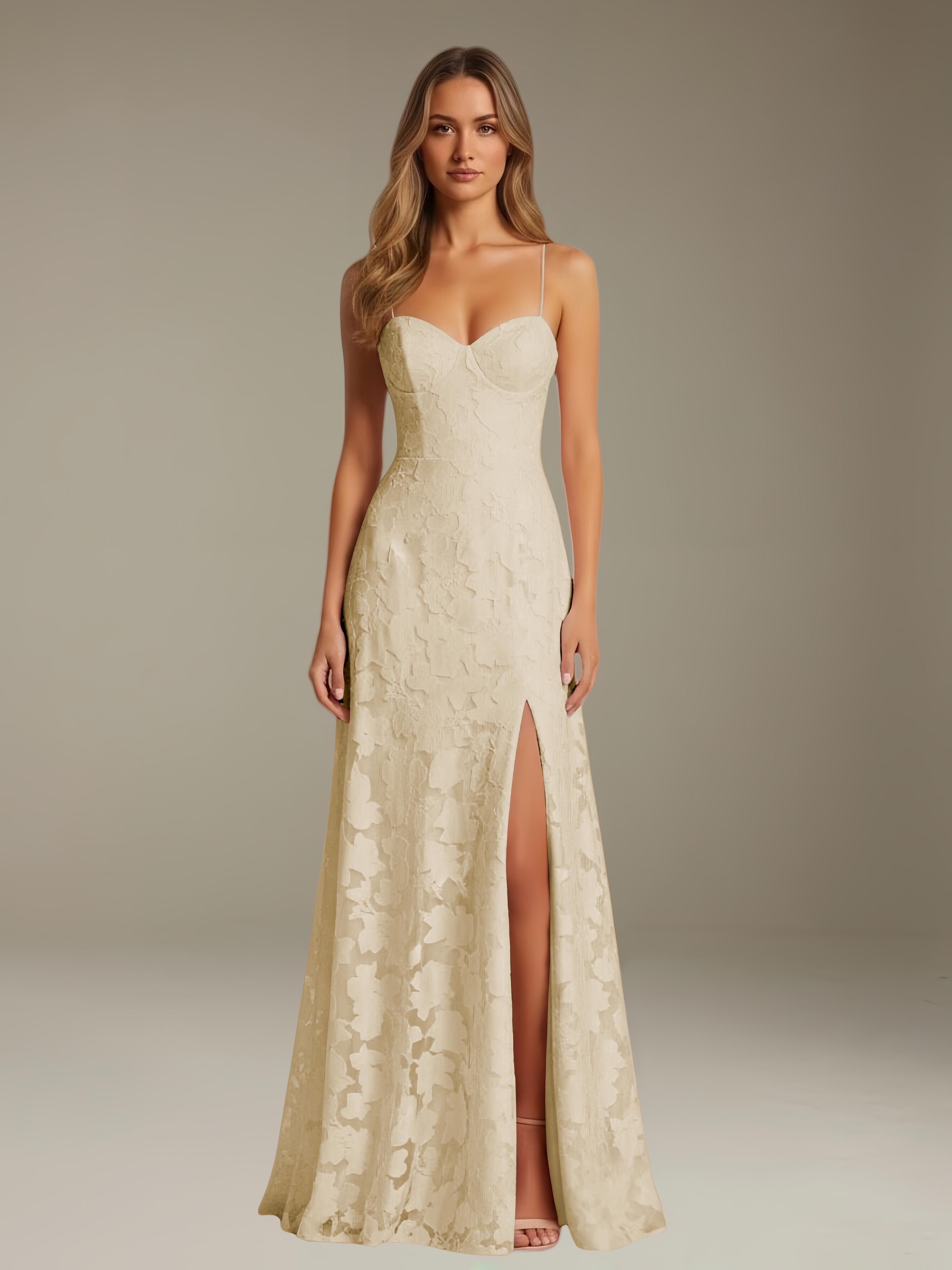 Abito formale in pizzo floreale – Scollo a cuore, spalline sottili, linea A, lunghezza al pavimento con spacco