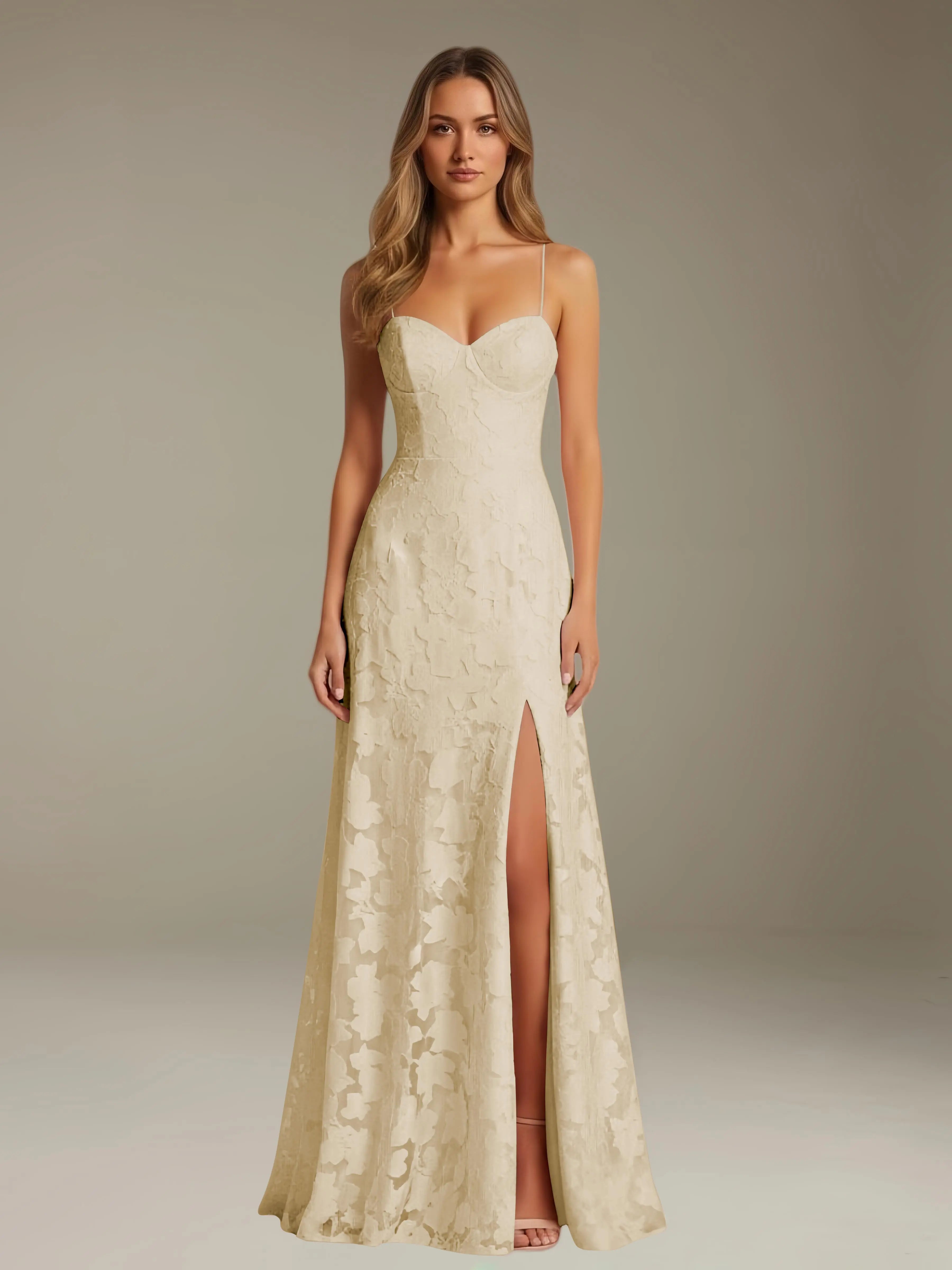 Vestido de encaje floral para ocasiones formales – Vestido de línea A con tirantes de espagueti y escote corazón, largo hasta el suelo, con abertura