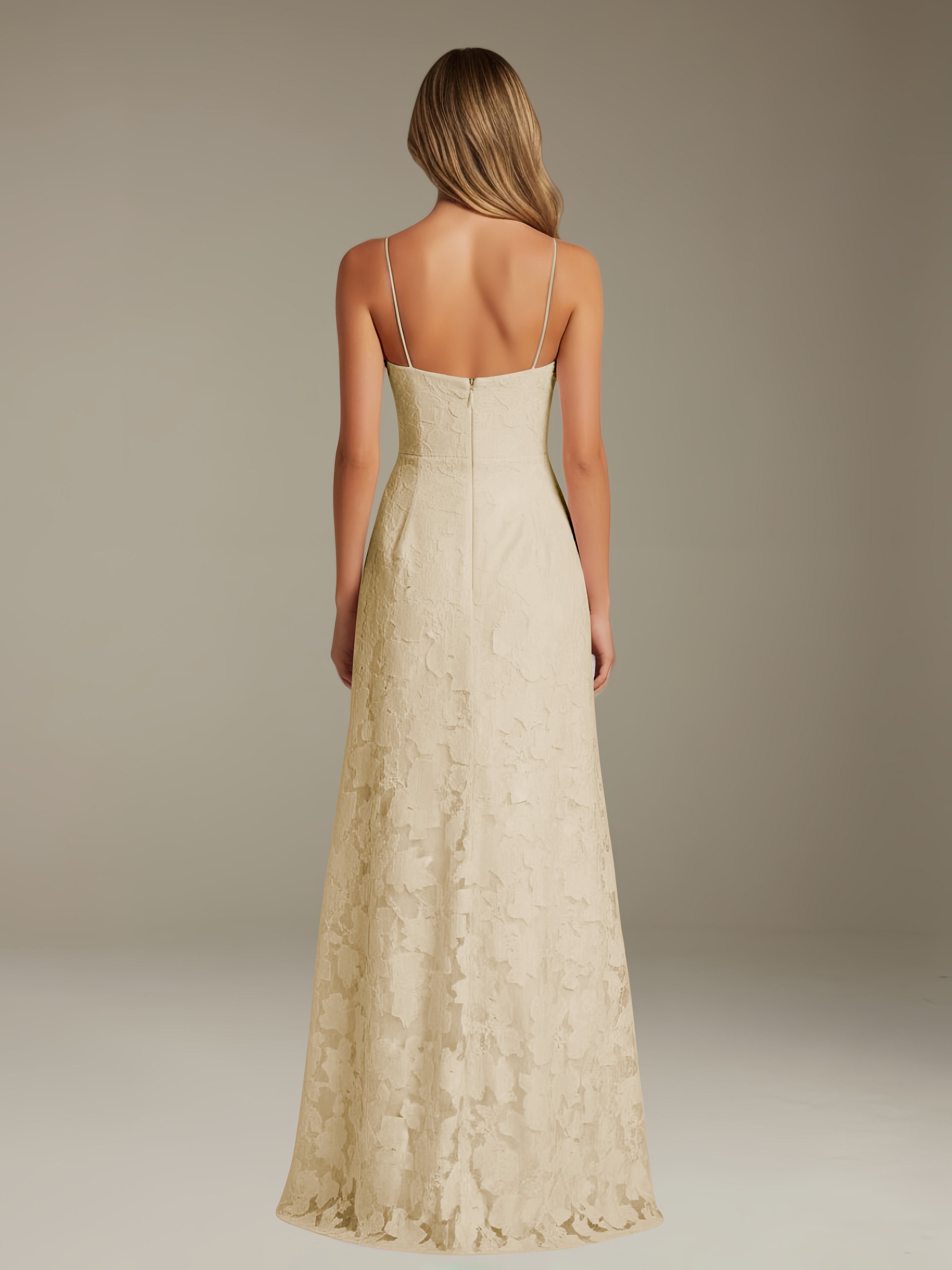 Abito formale in pizzo floreale – Scollo a cuore, spalline sottili, linea A, lunghezza al pavimento con spacco