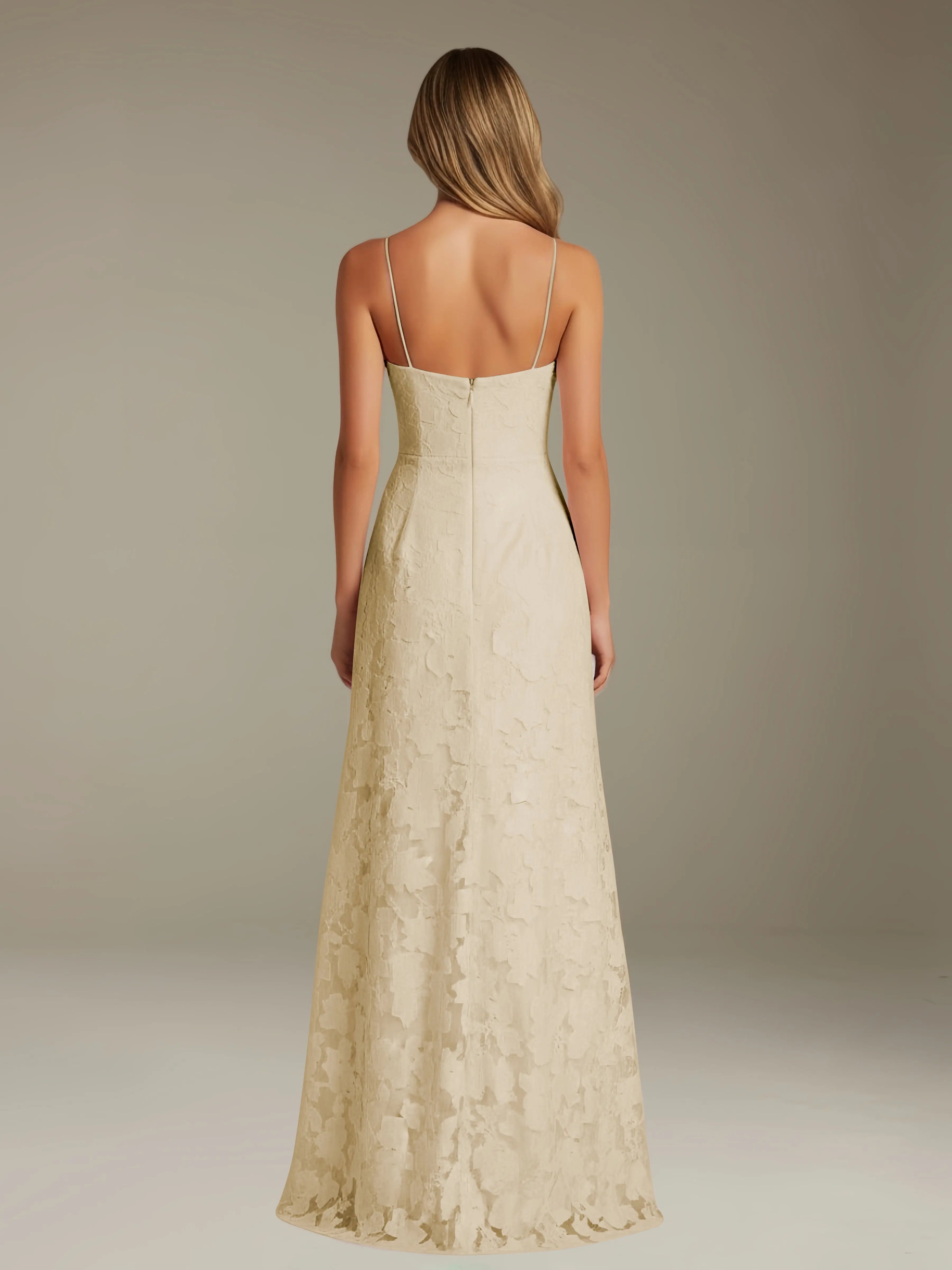 Vestido de encaje floral para ocasiones formales – Vestido de línea A con tirantes de espagueti y escote corazón, largo hasta el suelo, con abertura