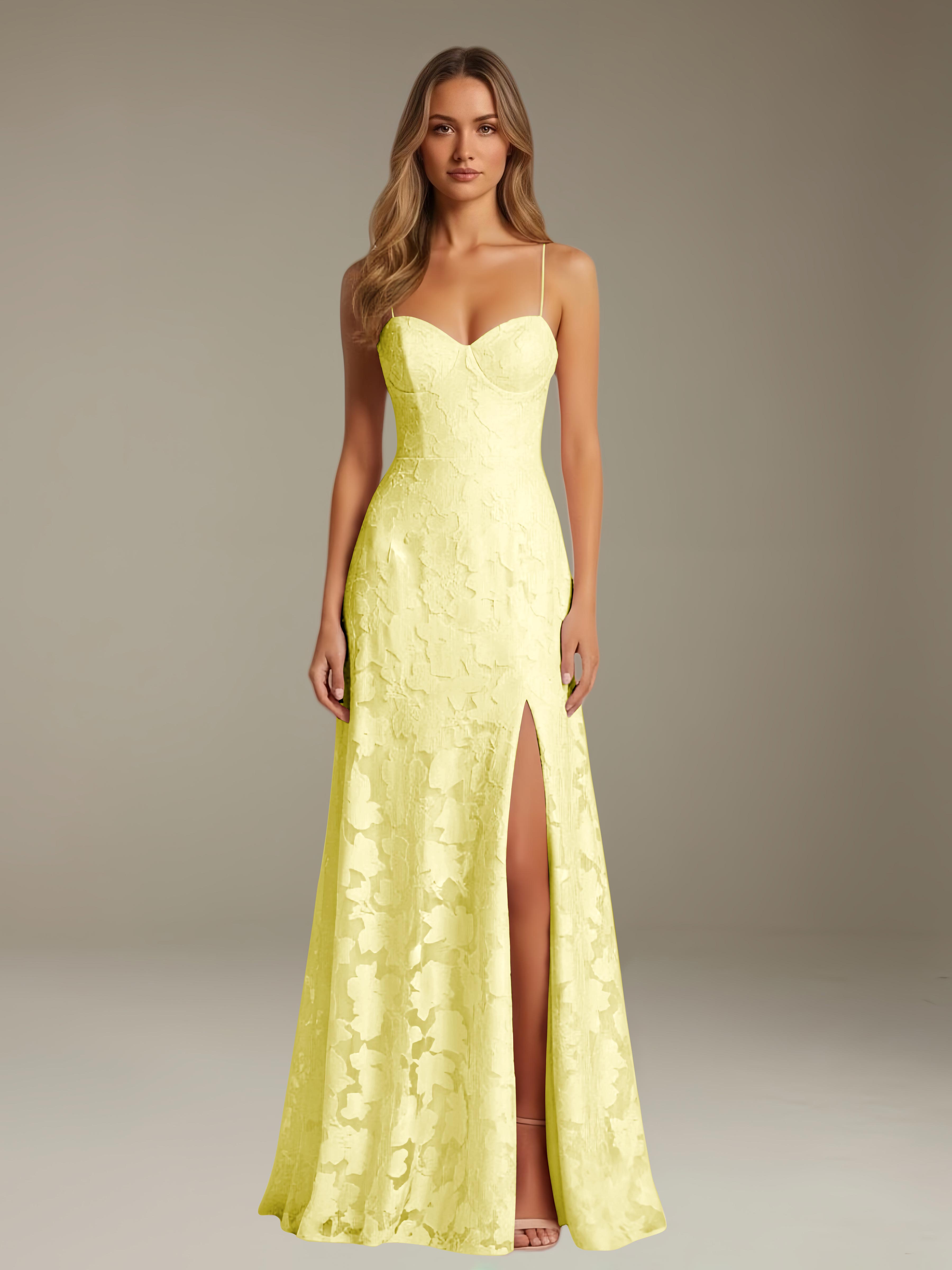 Abito formale in pizzo floreale – Scollo a cuore, spalline sottili, linea A, lunghezza al pavimento con spacco