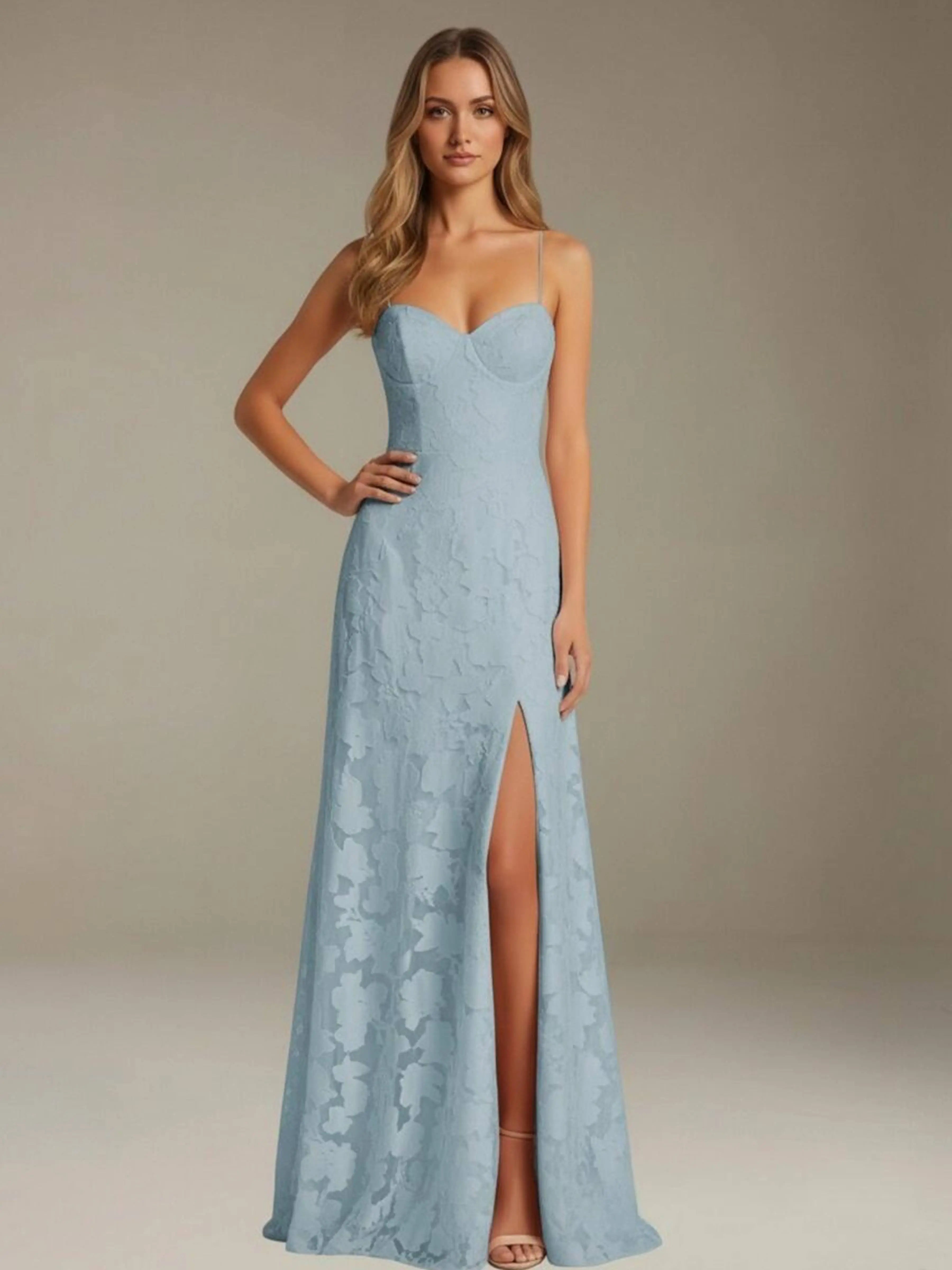 Vestido de encaje floral para ocasiones formales – Vestido de línea A con tirantes de espagueti y escote corazón, largo hasta el suelo, con abertura