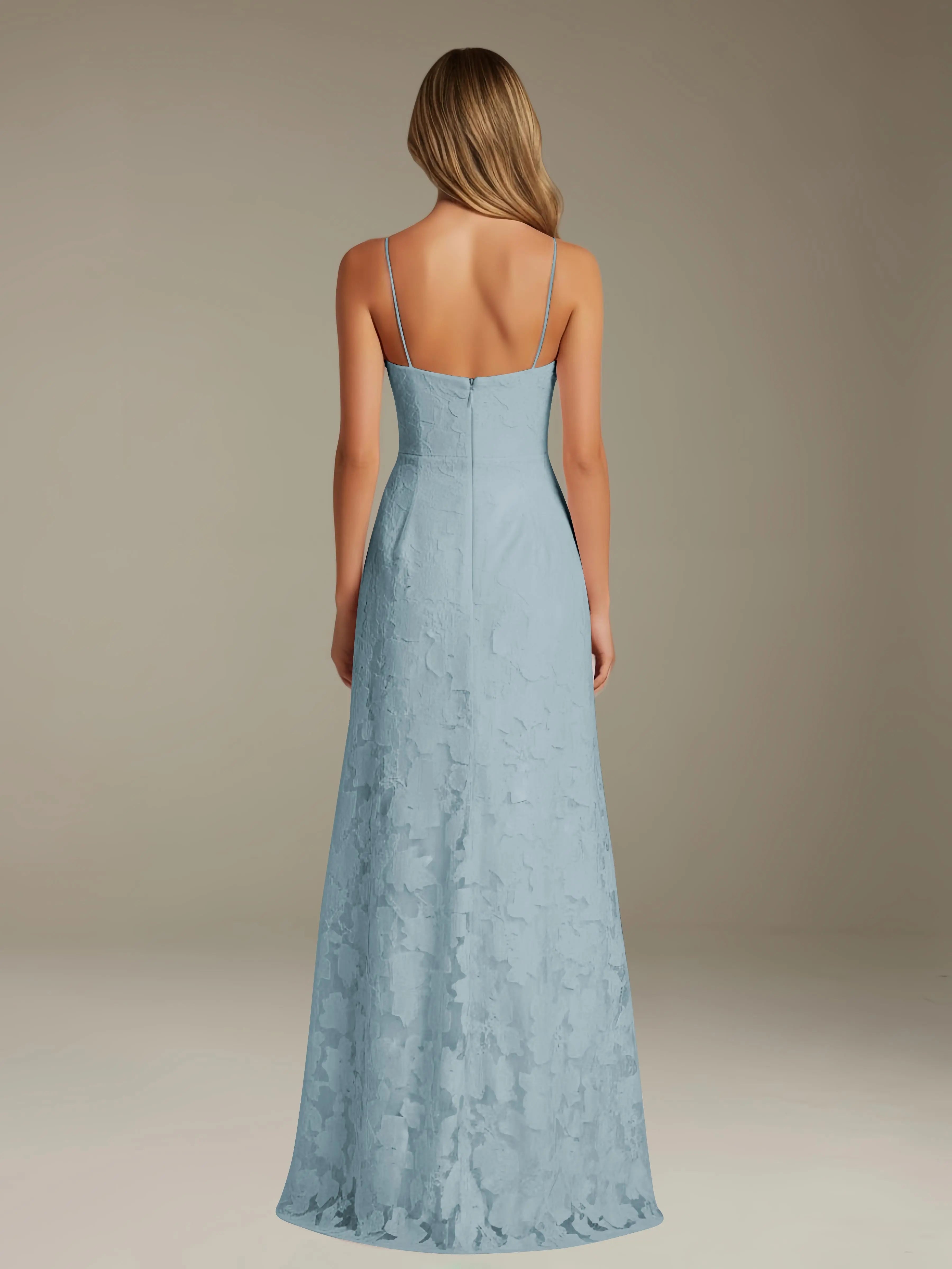 Vestido de encaje floral para ocasiones formales – Vestido de línea A con tirantes de espagueti y escote corazón, largo hasta el suelo, con abertura