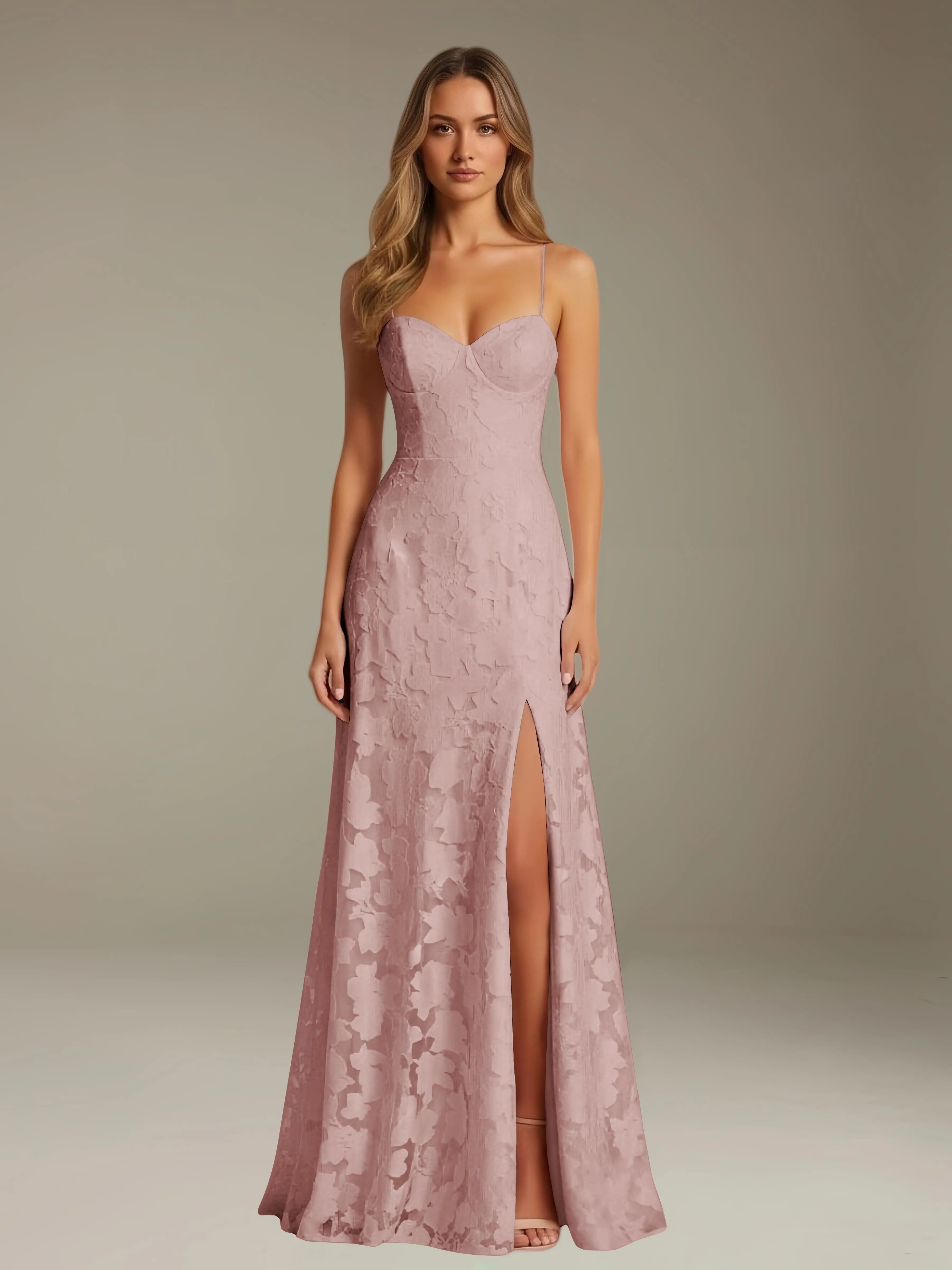 Vestido de encaje floral para ocasiones formales – Vestido de línea A con tirantes de espagueti y escote corazón, largo hasta el suelo, con abertura