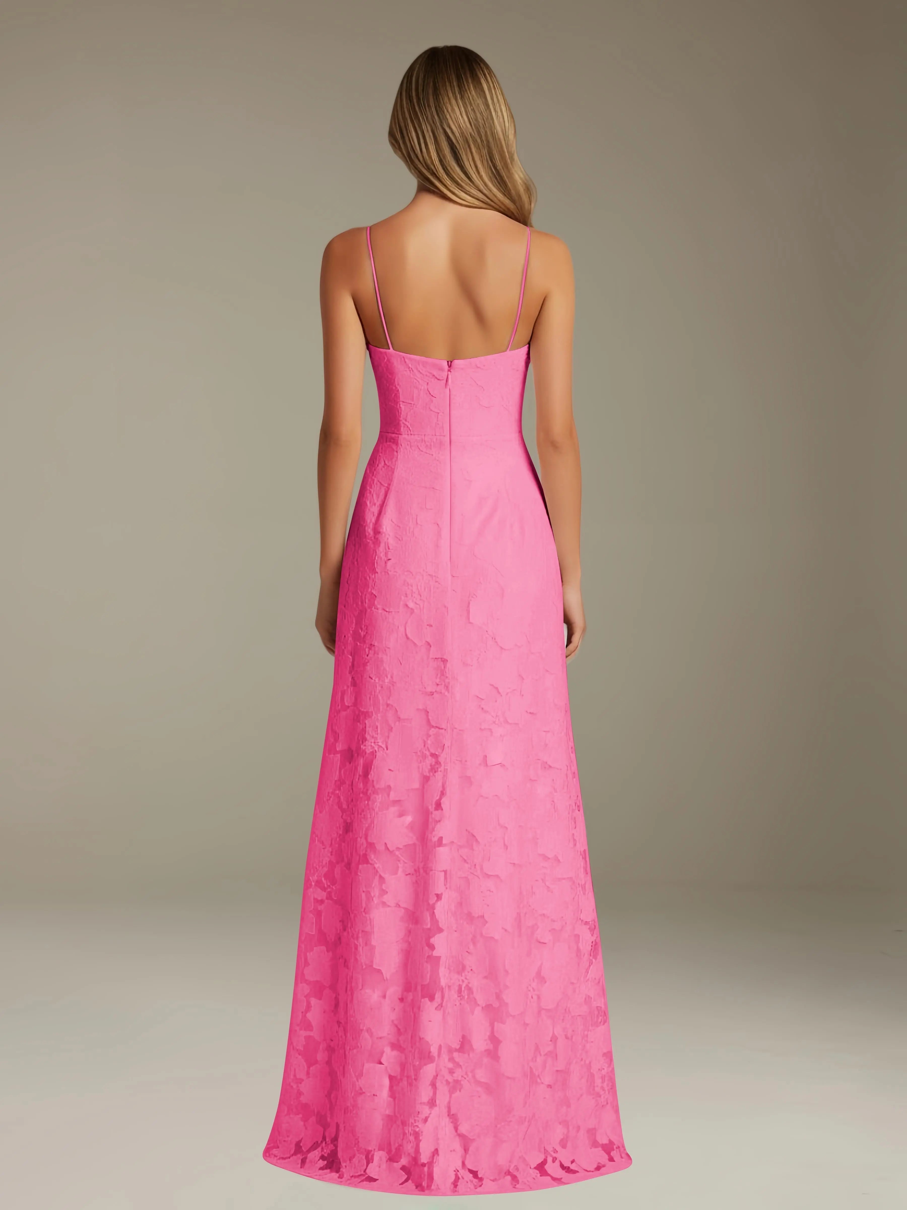 Vestido de encaje floral para ocasiones formales – Vestido de línea A con tirantes de espagueti y escote corazón, largo hasta el suelo, con abertura