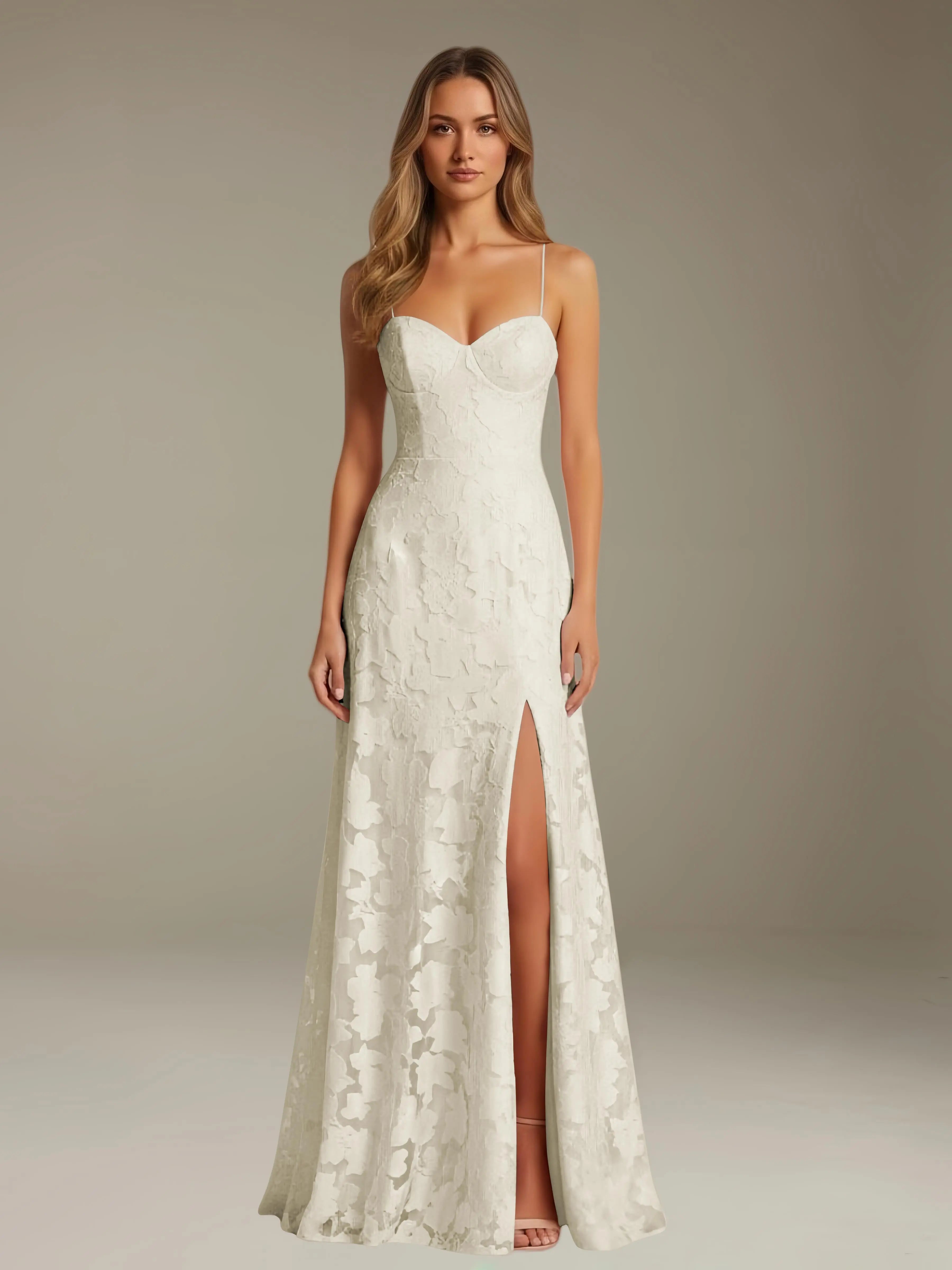Vestido de encaje floral para ocasiones formales – Vestido de línea A con tirantes de espagueti y escote corazón, largo hasta el suelo, con abertura