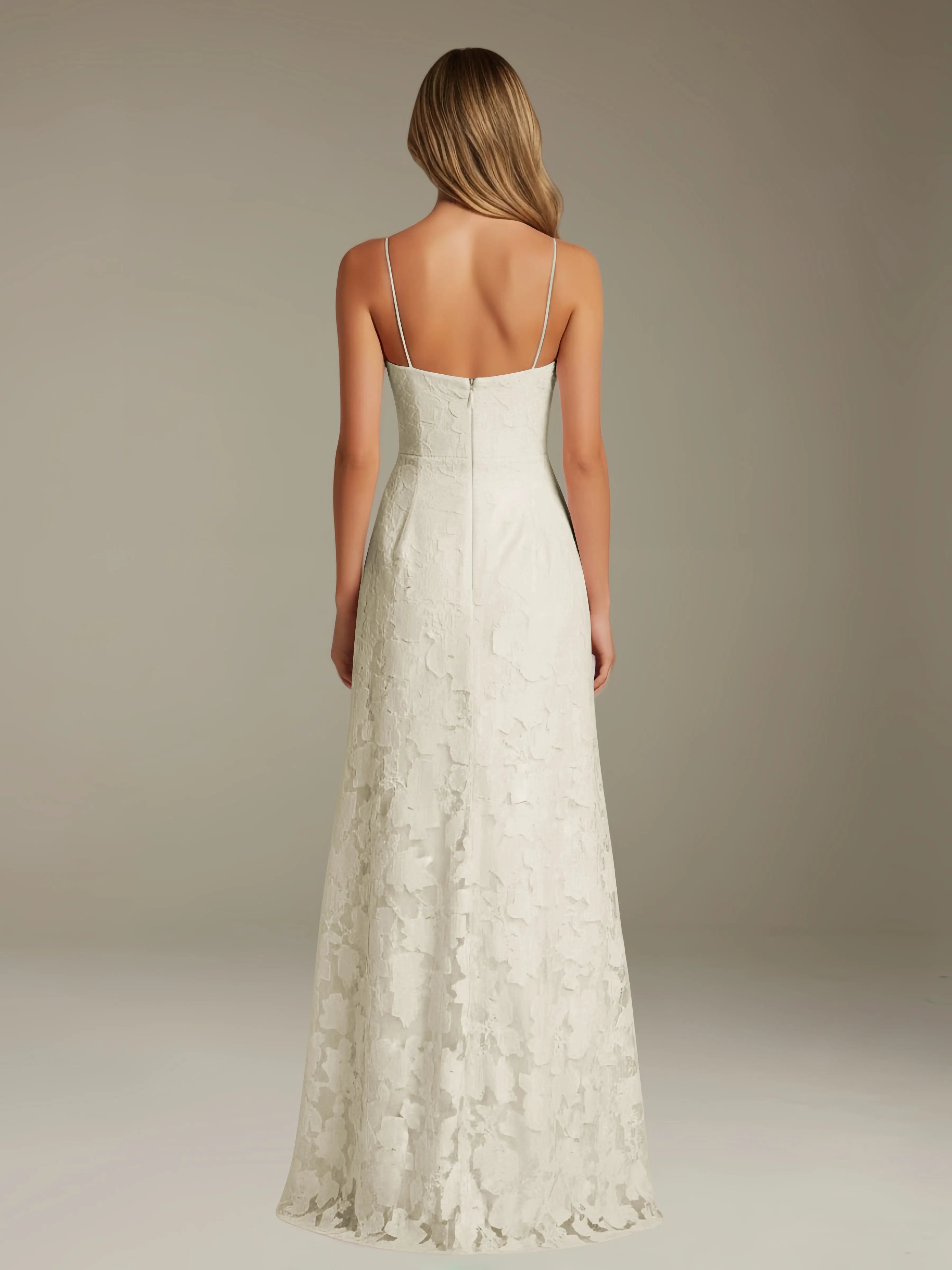 Vestido de encaje floral para ocasiones formales – Vestido de línea A con tirantes de espagueti y escote corazón, largo hasta el suelo, con abertura