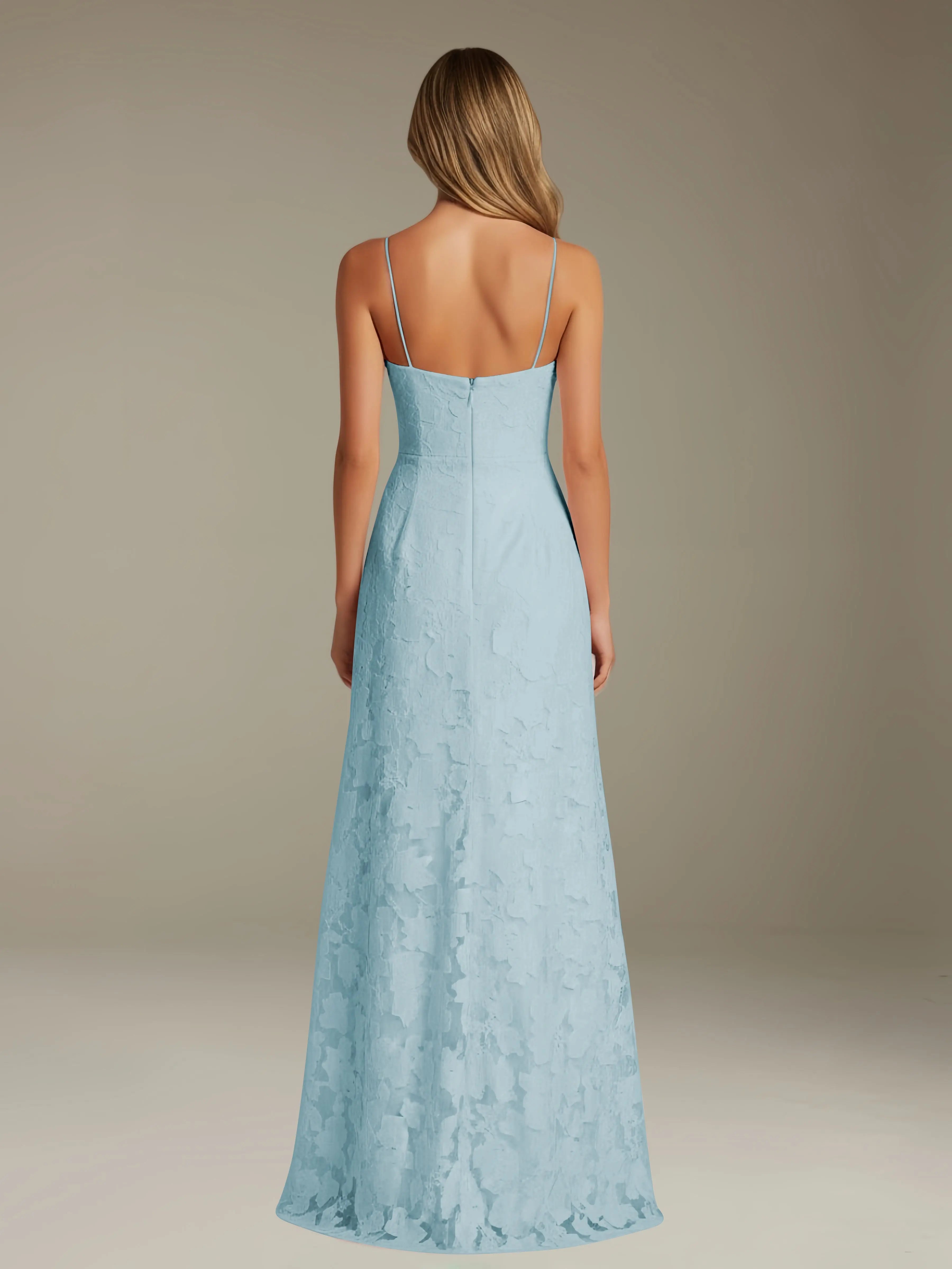 Vestido de encaje floral para ocasiones formales – Vestido de línea A con tirantes de espagueti y escote corazón, largo hasta el suelo, con abertura
