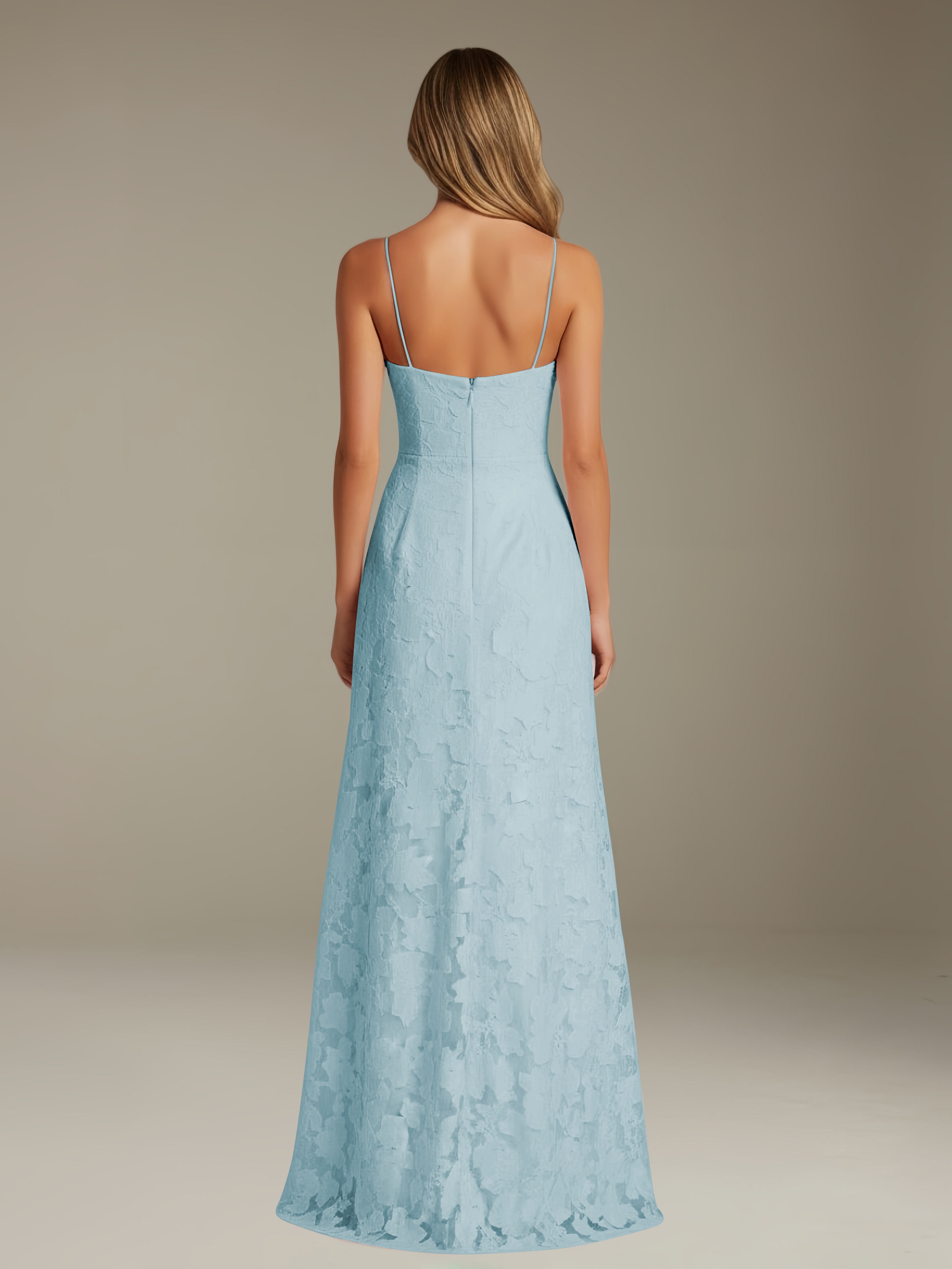 Abito formale in pizzo floreale – Scollo a cuore, spalline sottili, linea A, lunghezza al pavimento con spacco