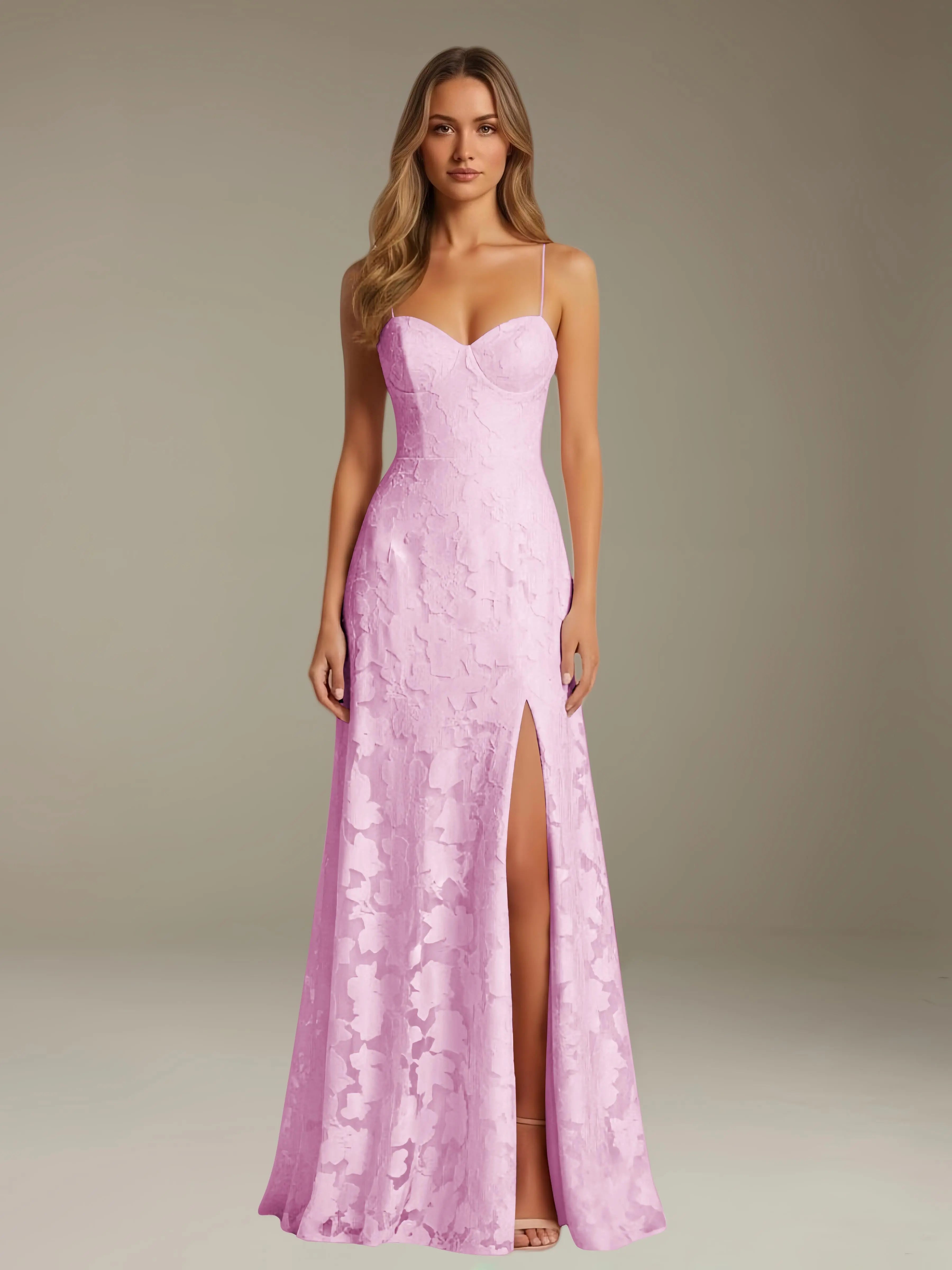 Vestido de encaje floral para ocasiones formales – Vestido de línea A con tirantes de espagueti y escote corazón, largo hasta el suelo, con abertura
