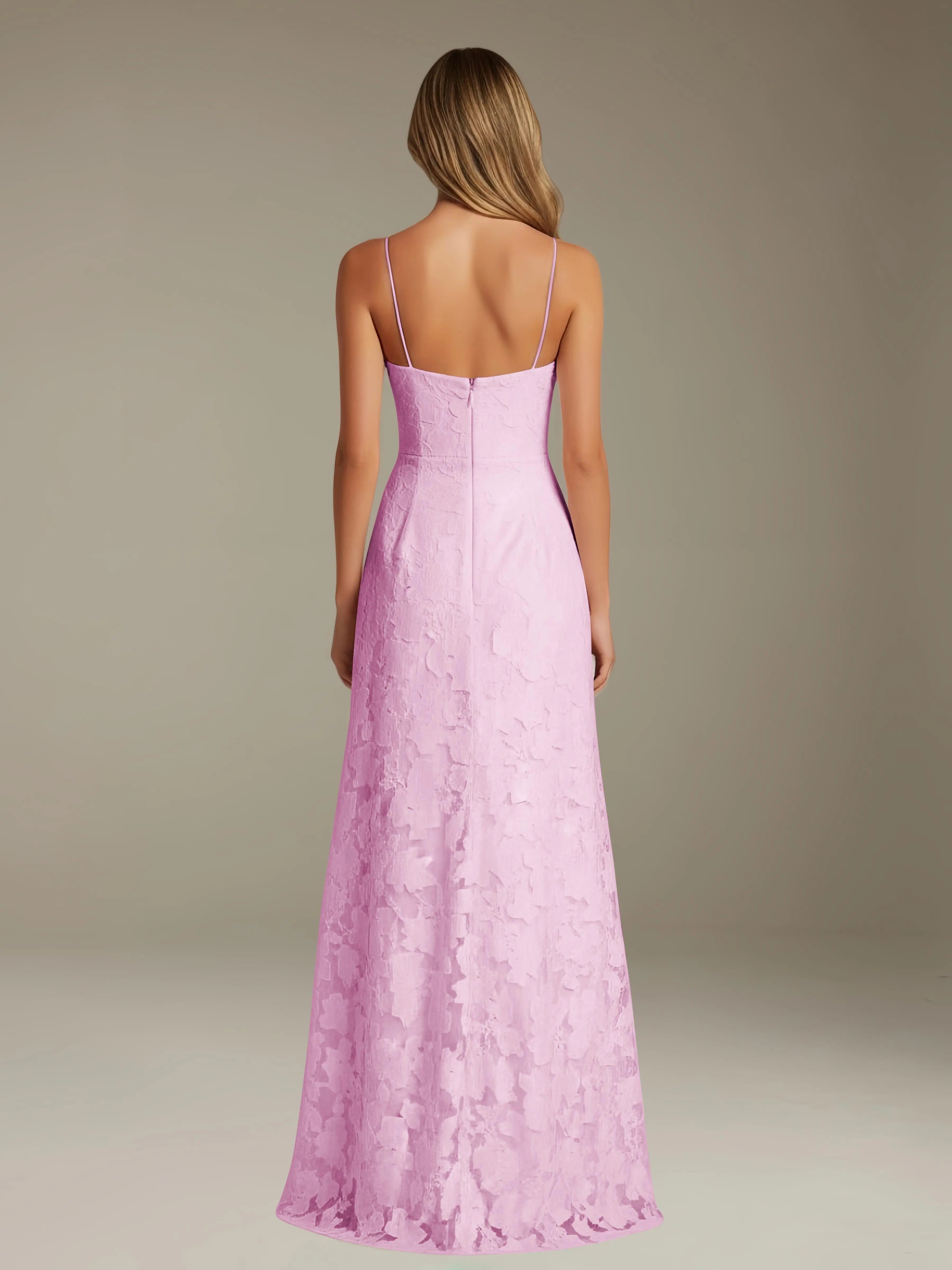 Vestido de encaje floral para ocasiones formales – Vestido de línea A con tirantes de espagueti y escote corazón, largo hasta el suelo, con abertura